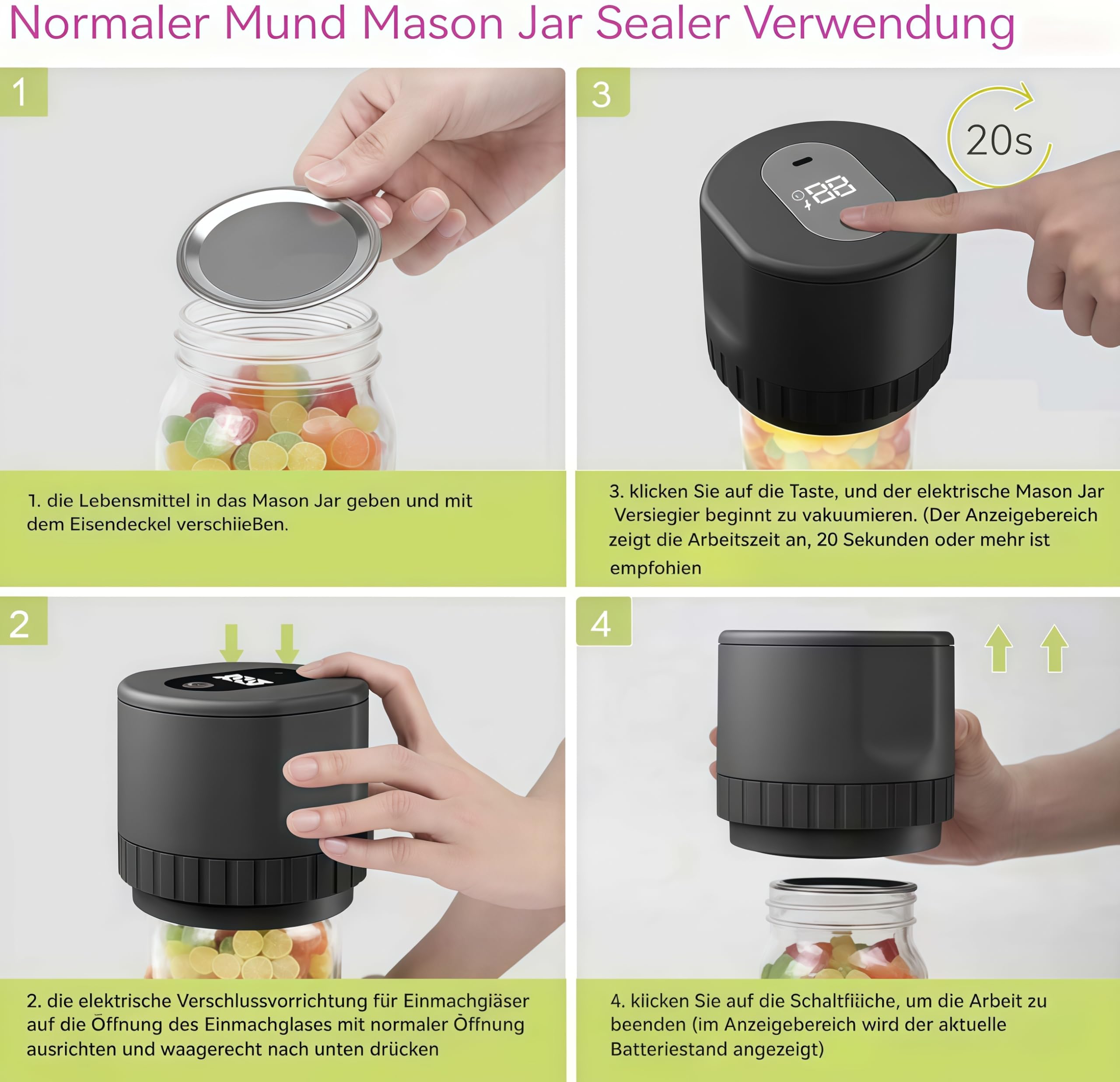 Eco Seal Pro tragbarer Vakuumversiegler mit Leistungsstarkem Akku und EIN‑Knopf‑Bedienung für Camping und Picknick (Schwarz)
