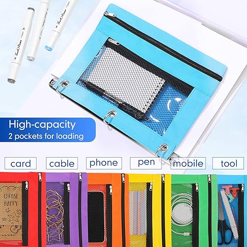 Miniatura 4 de Paquete de 60 bolsas para lápices para carpetas de 3 anillos de malla con cremallera, estuche de lápices de colores surtidos, bolsas para lápices