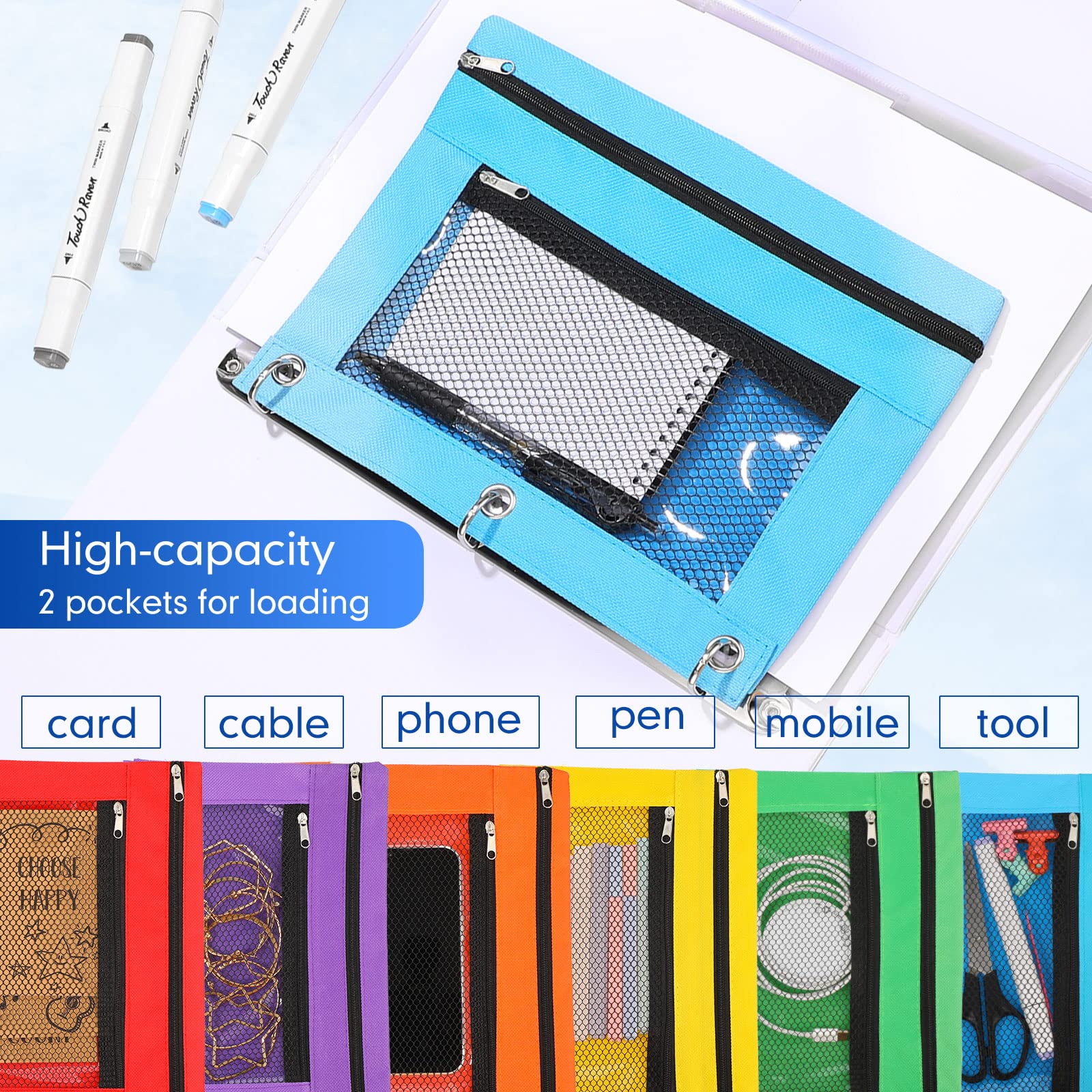 Leelosp 60 Stück Federmäppchen für 3 Ringordner Mesh Reißverschluss Federmäppchen Bleistift Tasche Stift Binder Taschen für Kinder Schule Schreibbedarf