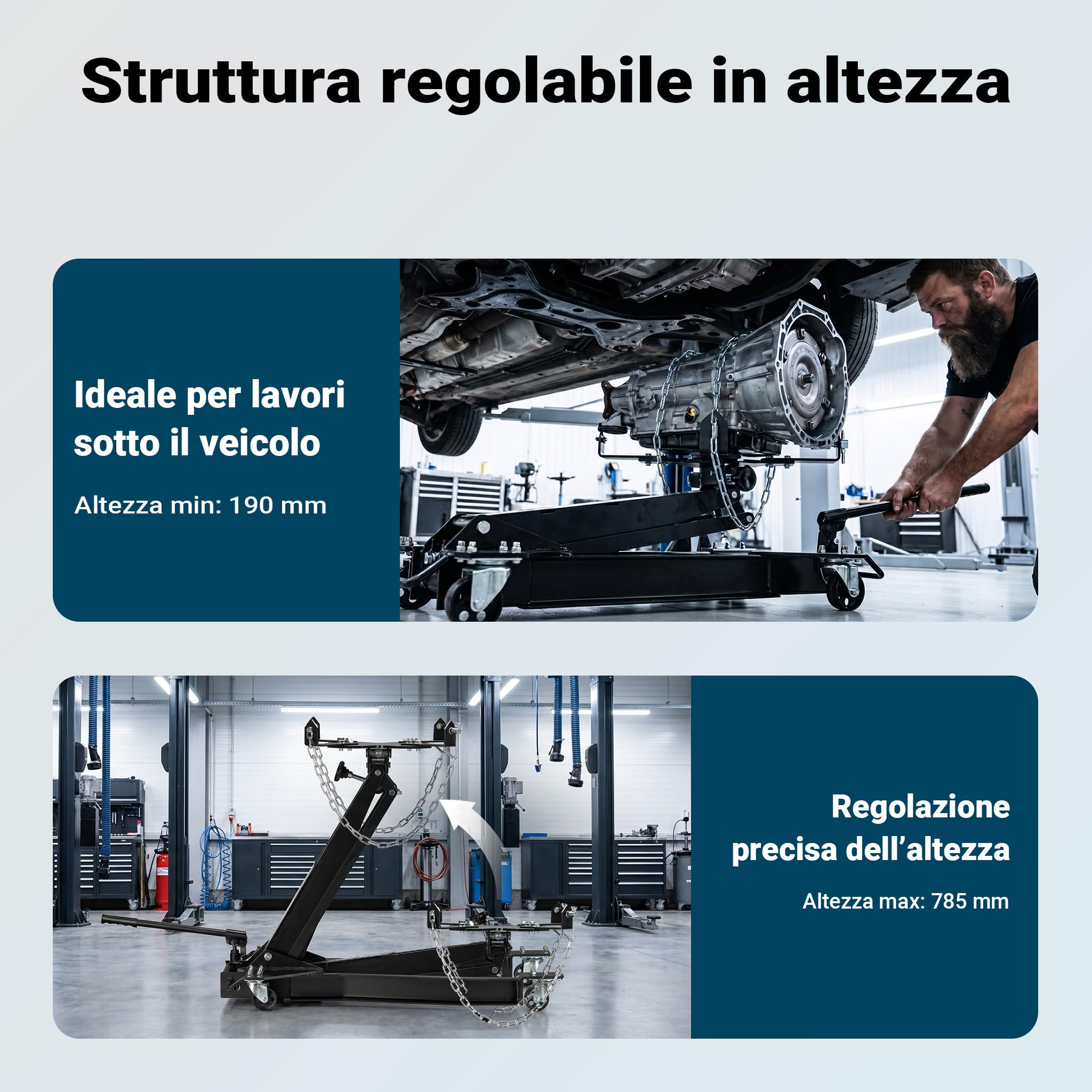 Wiltec Sollevatore cambio fino a 1 t, regolabile 180-790 mm | Gru per motori, blocco motore, con ruote