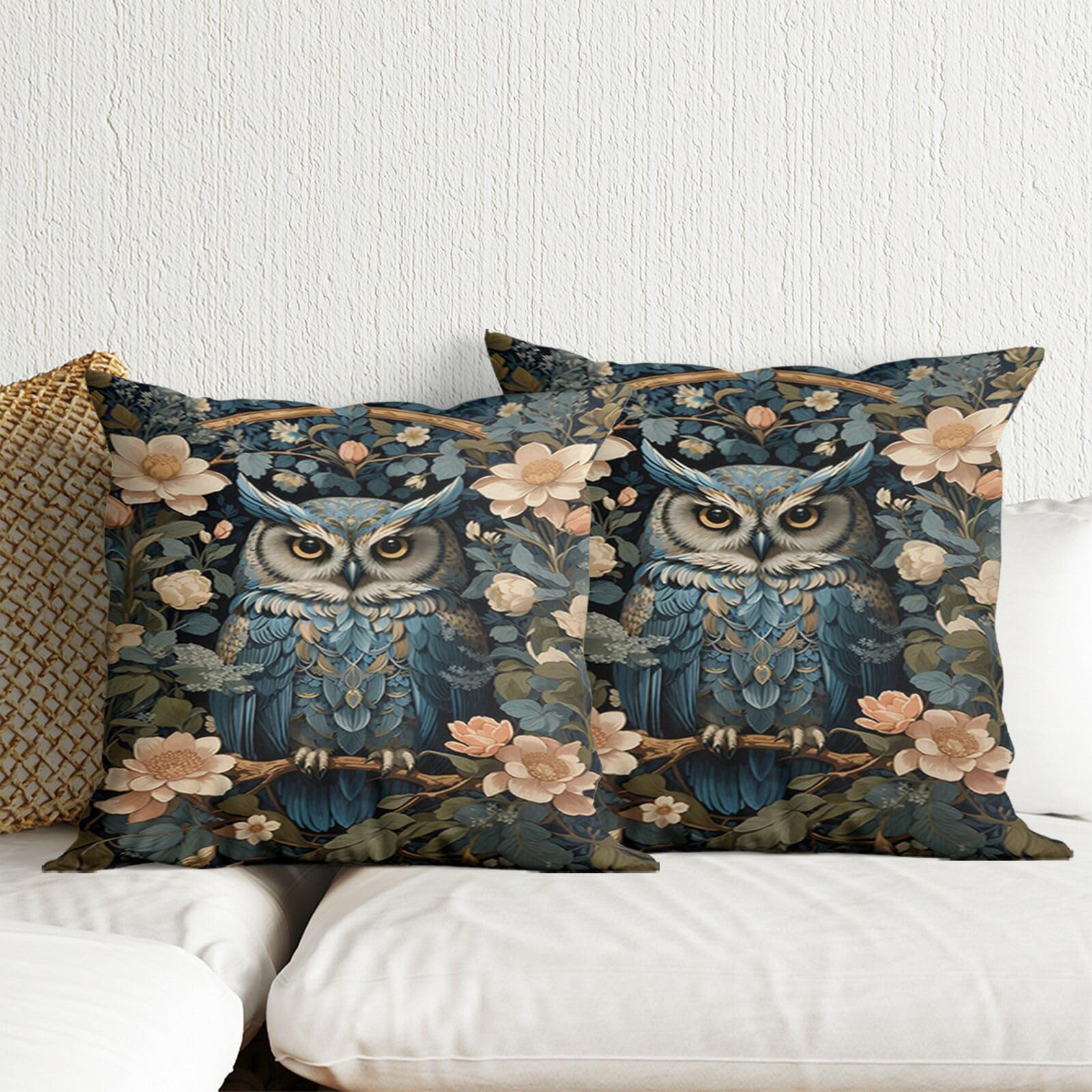 William Morris Throw Pillow Covers 18x18 Inch Gothic Owl Throw Pillows Covers for Couch Vintage Moody Animals Print Home Decor Dark Academia Blue