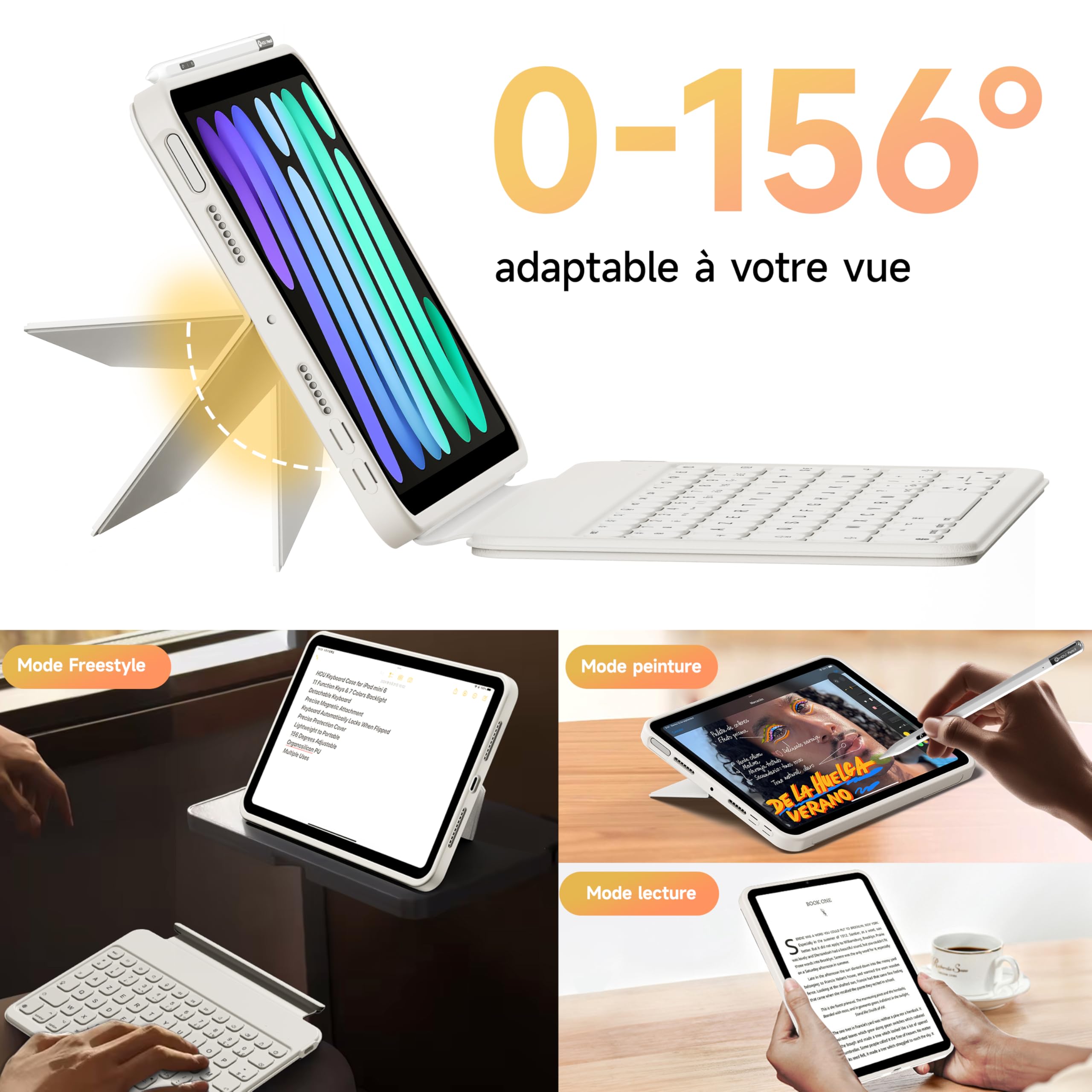 HOU Étui Clavier pour iPad Mini 7/6, 8,3 Pouces, Folio Bluetooth