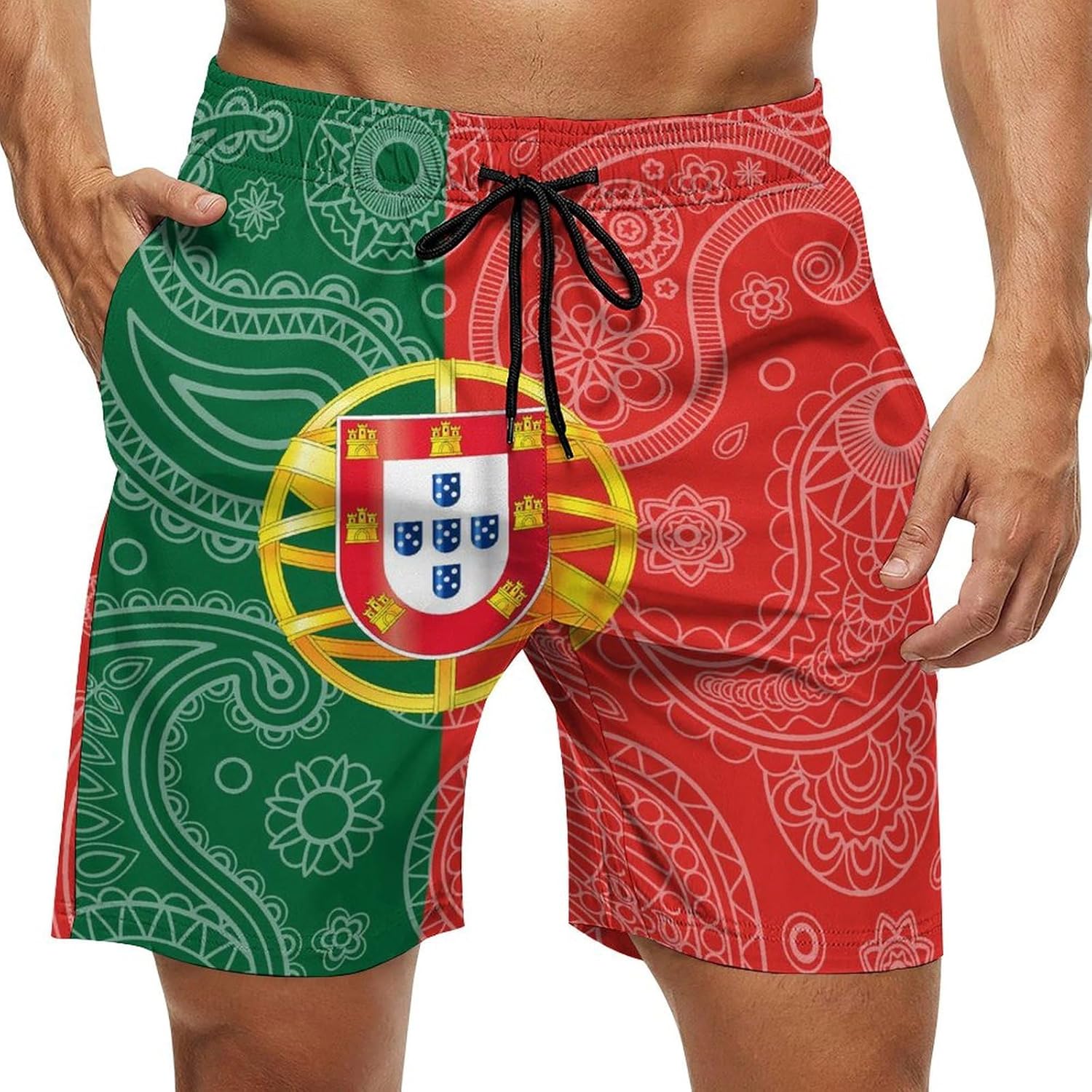 Portugal Paisley Flag Casual Men's Swim Trunks Novelty Summer Beach Shorts Swimwear with Pocket
