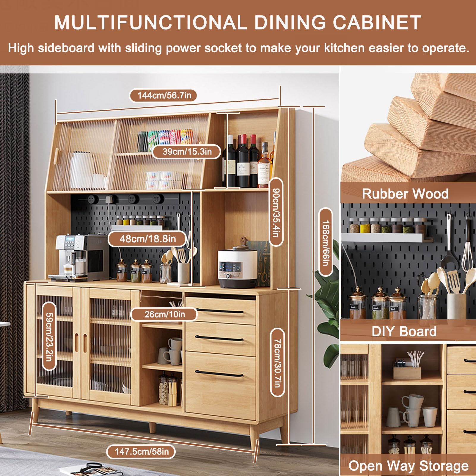Mobiletto Portaoggetti per Dispensa da Cucina, Mobiletto Alto Autoportante con Stazione di Ricarica Scorrevole e Piastra di Compensazione, Supporto per Microonde, Mobiletto Moderno a Buffet,Nero