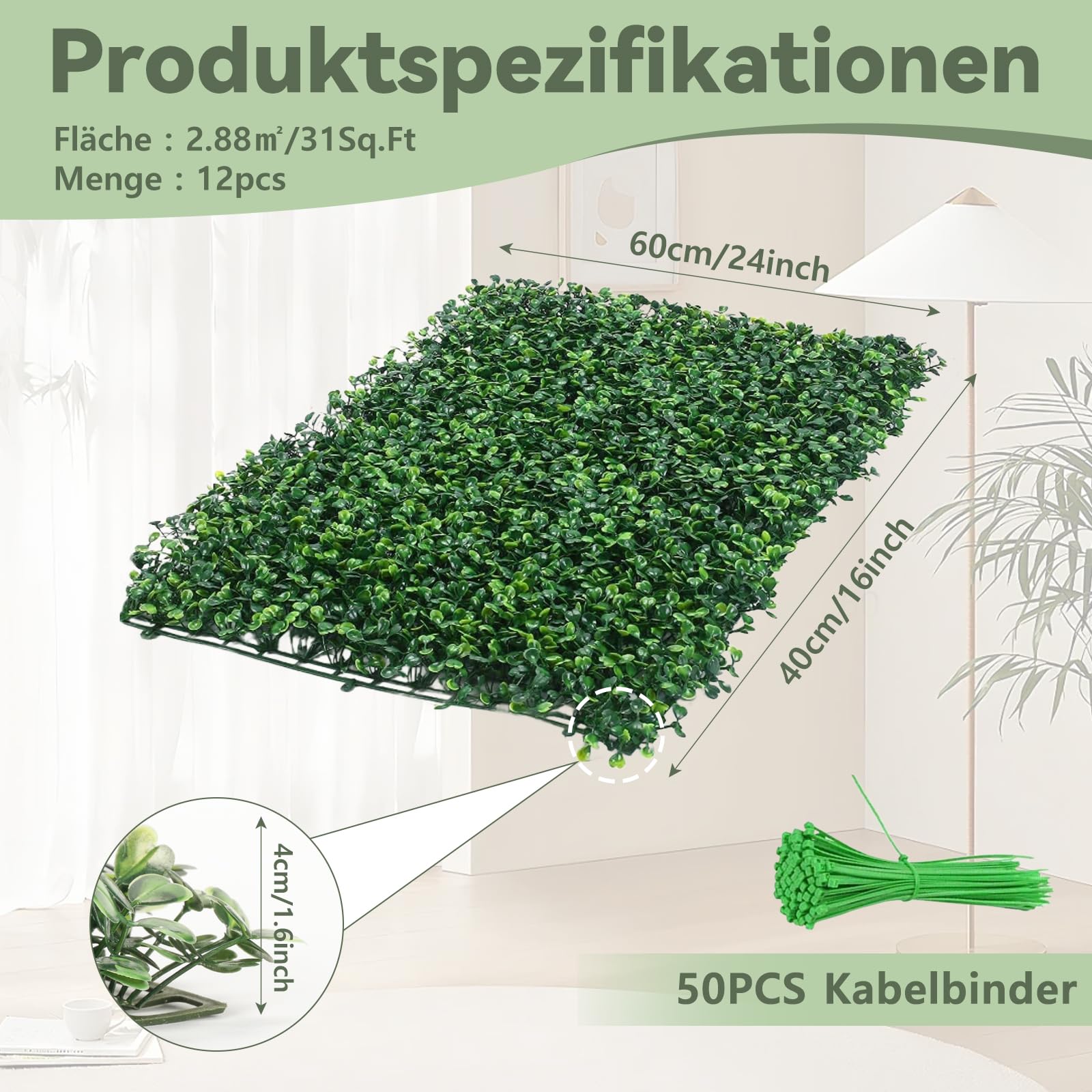 12 Stück Künstliche Pflanzenwand 40X60cm UV Geschützt Künstliche Pflanzen Rasen Wand 4cm Dick Künstliche Buchsbaumplatten Buchsbaumhecke Wandpaneele für Garten im Freien und Indoor Dekoration, 2.88㎡