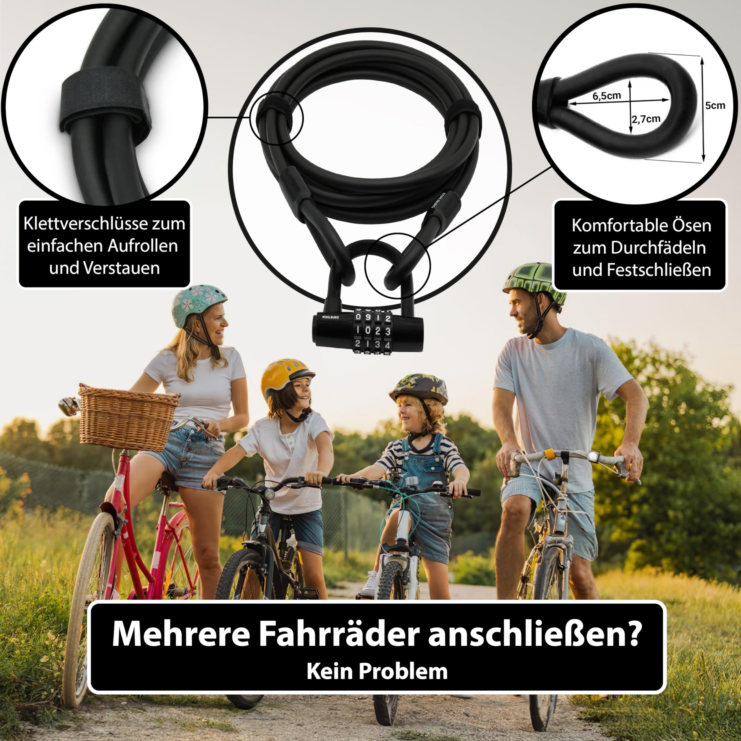 KOHLBURG Kabelschloss 5 Meter lang mit Zahlenkombination - 500cm Zahlenschloss - Stahlseil Schloss 5 m ummantelt - Stahlkabel 500 cm mit Zahlencode für Fahrrad Gartenmöbel & Fahrradschloss