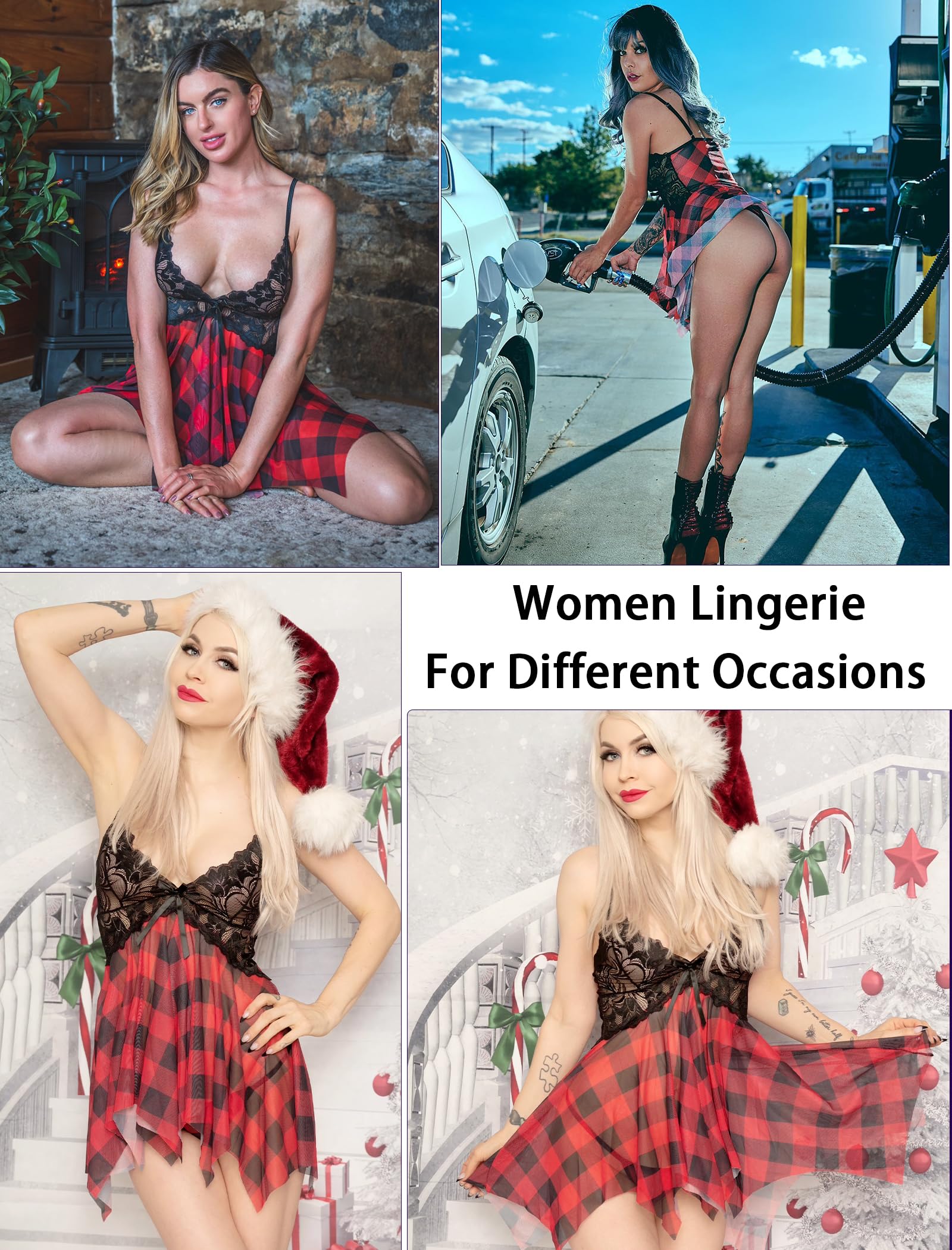 Avidlove Lingerie for Women Lace Babydoll Sleepwear Boudoir Outfits Plus Size Langeray XS-5XL: B-red Plaid X-Small