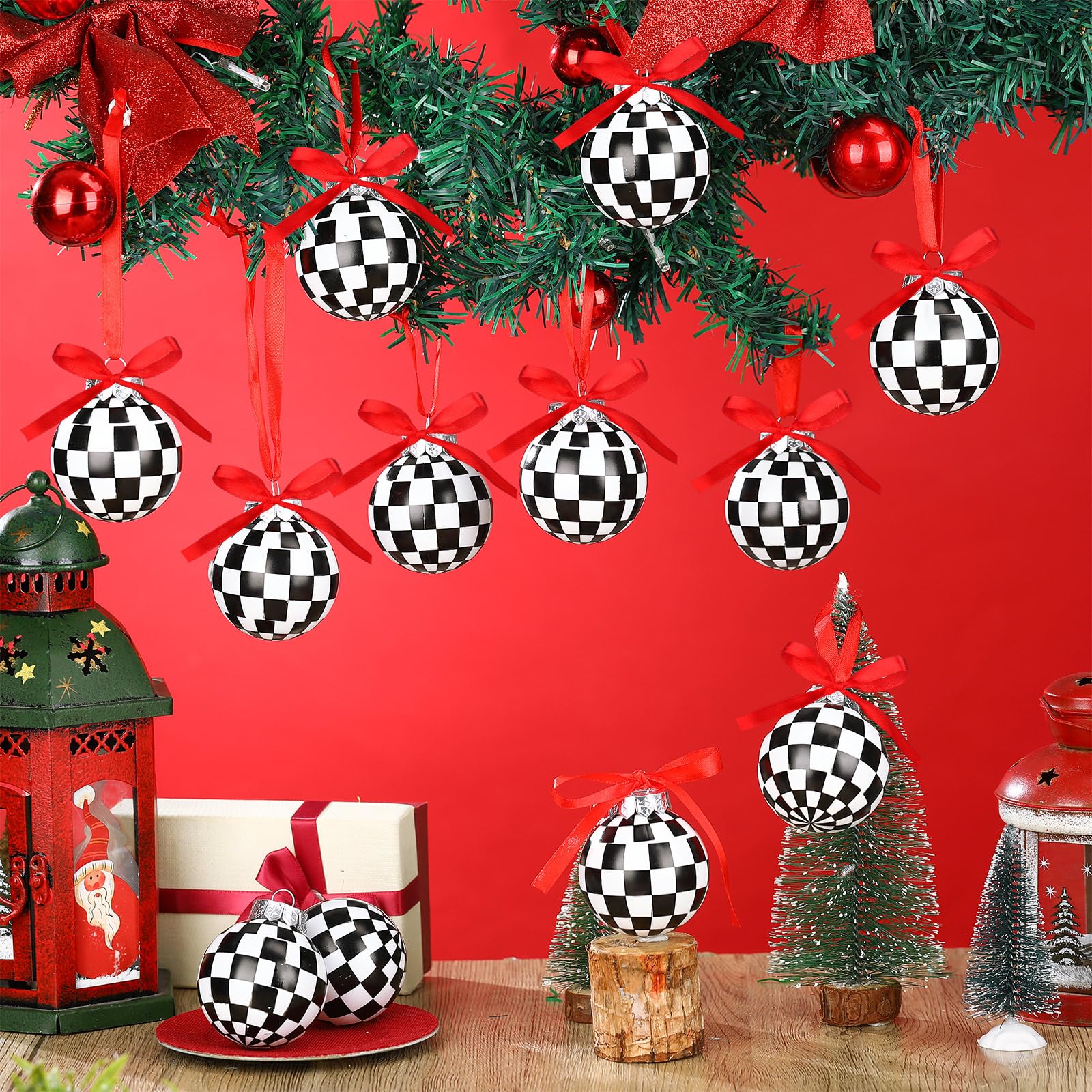 Lot de 12 boules de Noël en plastique à suspendre pour sapin de Noël - Motif à carreaux - 6 cm