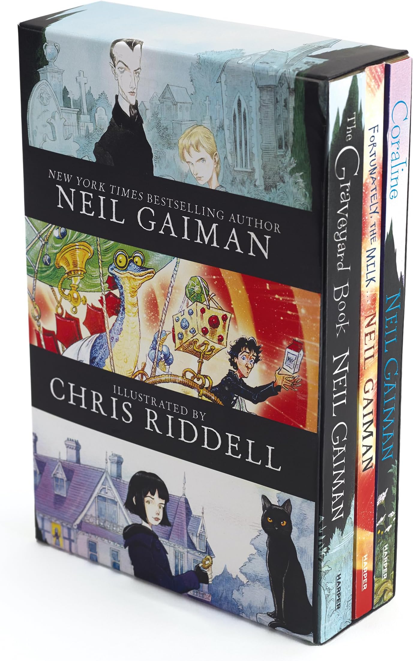 Neil Gaiman/Chris Riddell 3-Book Box Set: Coraline; The Graveyard Book; Fortunately, the Milk