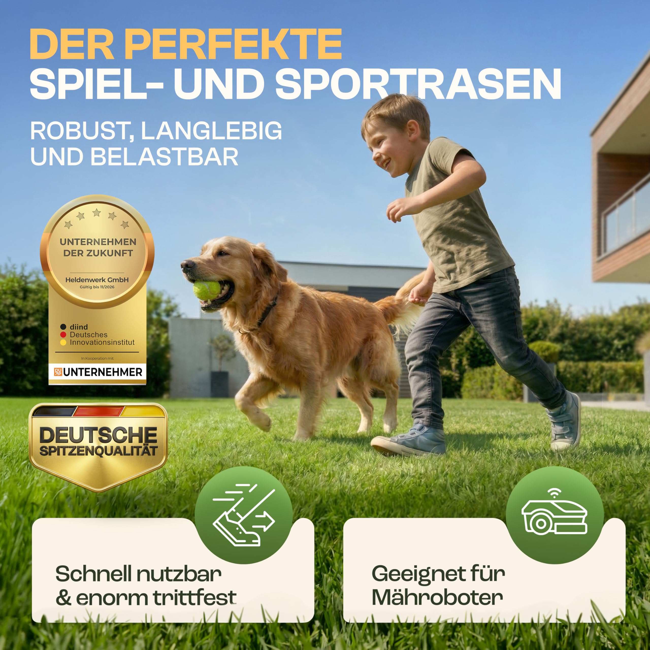 HELDENWERK® Nasiona trawnika, szybko kiełkujące, 0,5 kg/20 m², 100% kiełkowania, na niemiecką pogodę, nasiona trawy do dodatkowego siewu i nowego siewu, do uprawiania sportu i zabawy