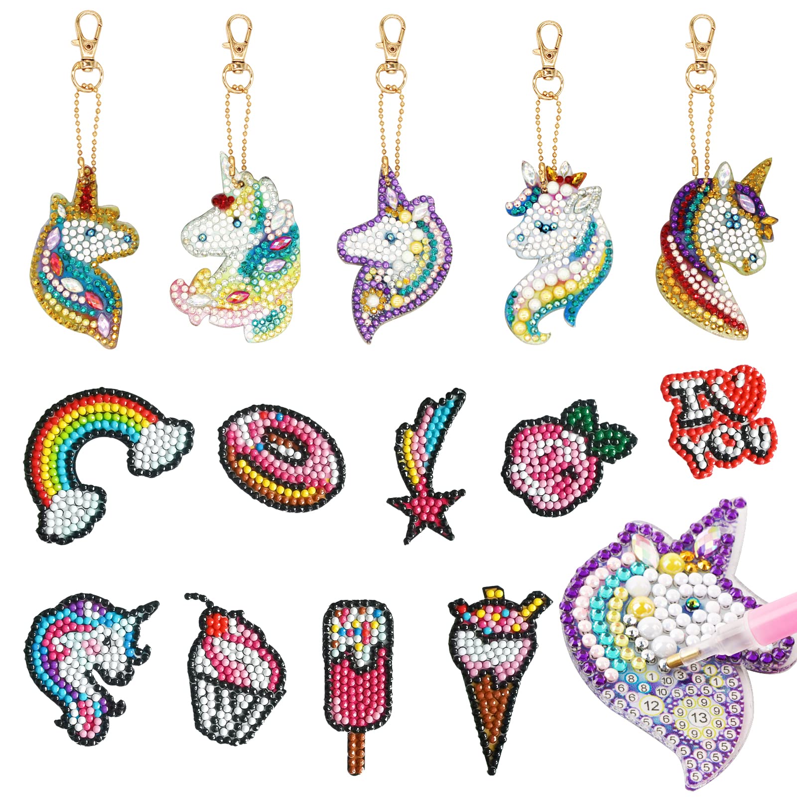 BOFUNX 5Pcs Diamond Painting Keychain Kits+ 9Pcs Diamond Painting Stickers, DIY Mosaic Crystal Unicorns Diamond Painting Kits for Purse Key Pendant Bag Decoration