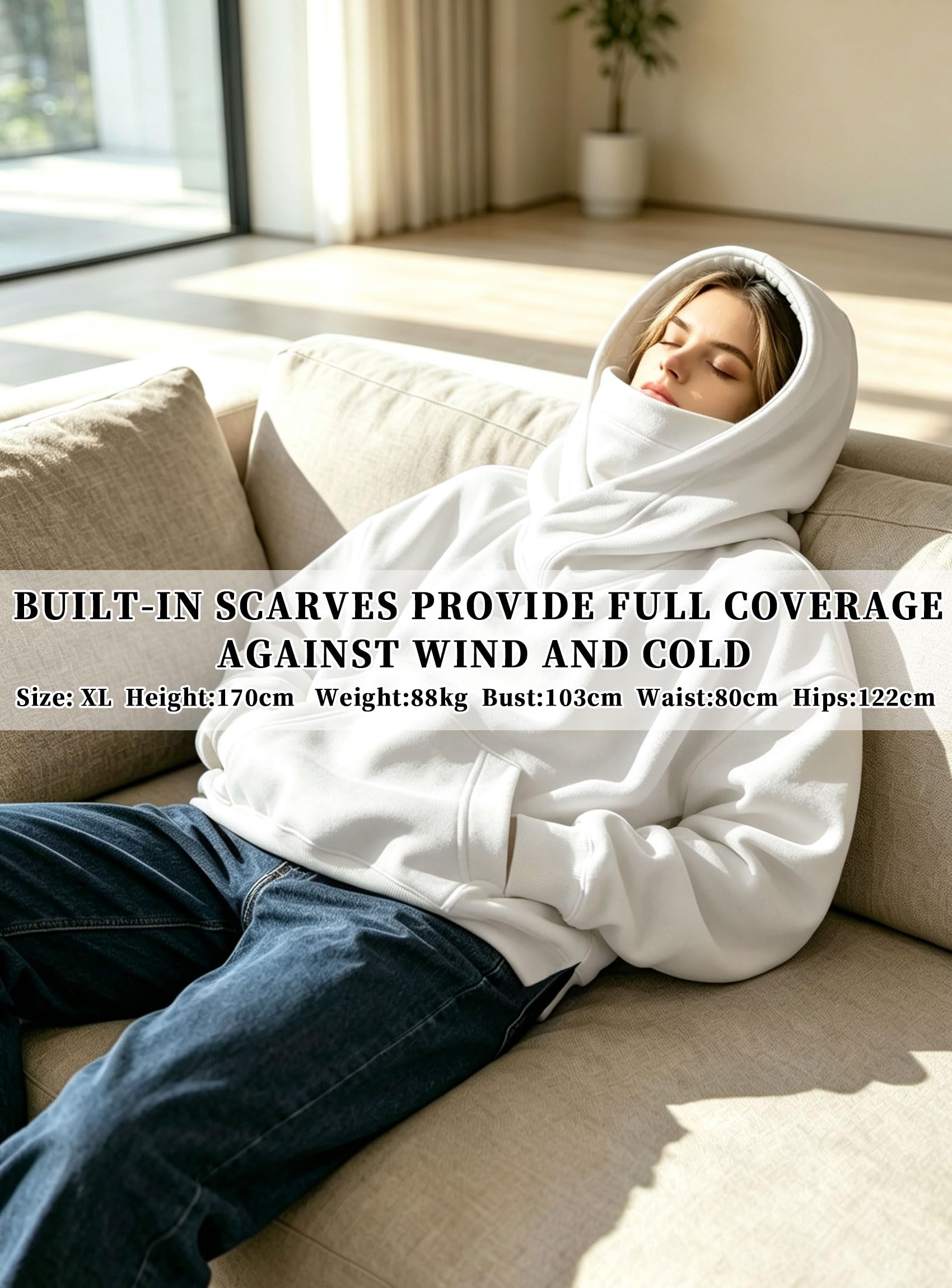 Fleece Sudadera con Capucha para Mujeres y Bufanda Incorporada de Algodón Suave Pullover Oversize Casual Ropa Otoño Invierno