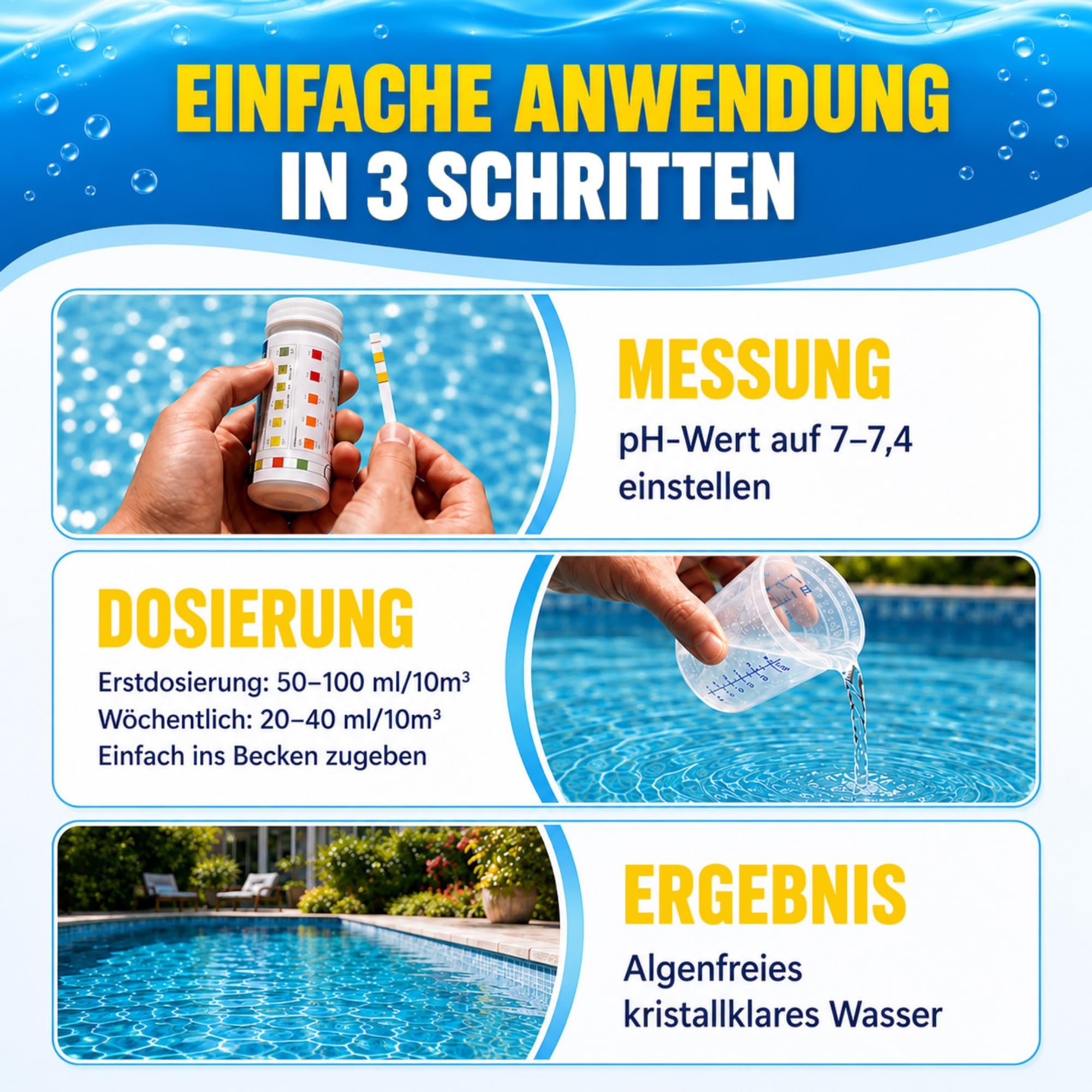 TerraUno Algizid für Pool, Algenvernichter Pool zum Schutz vor Algen, Pilzen & Bakterien, 5 L Pool Algenvernichter mit Klareffekt für sauberes und klares Badewasser