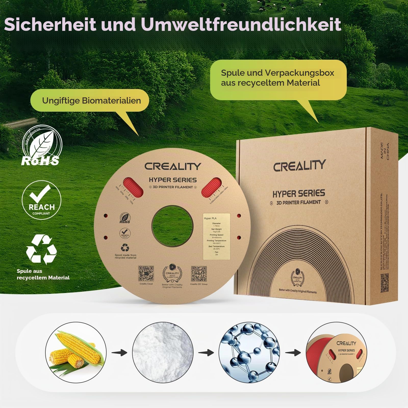 Creality Official Hyper PLA Filament Schwarz+Weiß+Blau+Rot 4KG, 3D Drucker Filament für Hochgeschwindigkeitsdruck und widerstandsfähig, glatt, Überhang Leistung Maßgenauigkeit +/-0.03mm, 4 Rollen