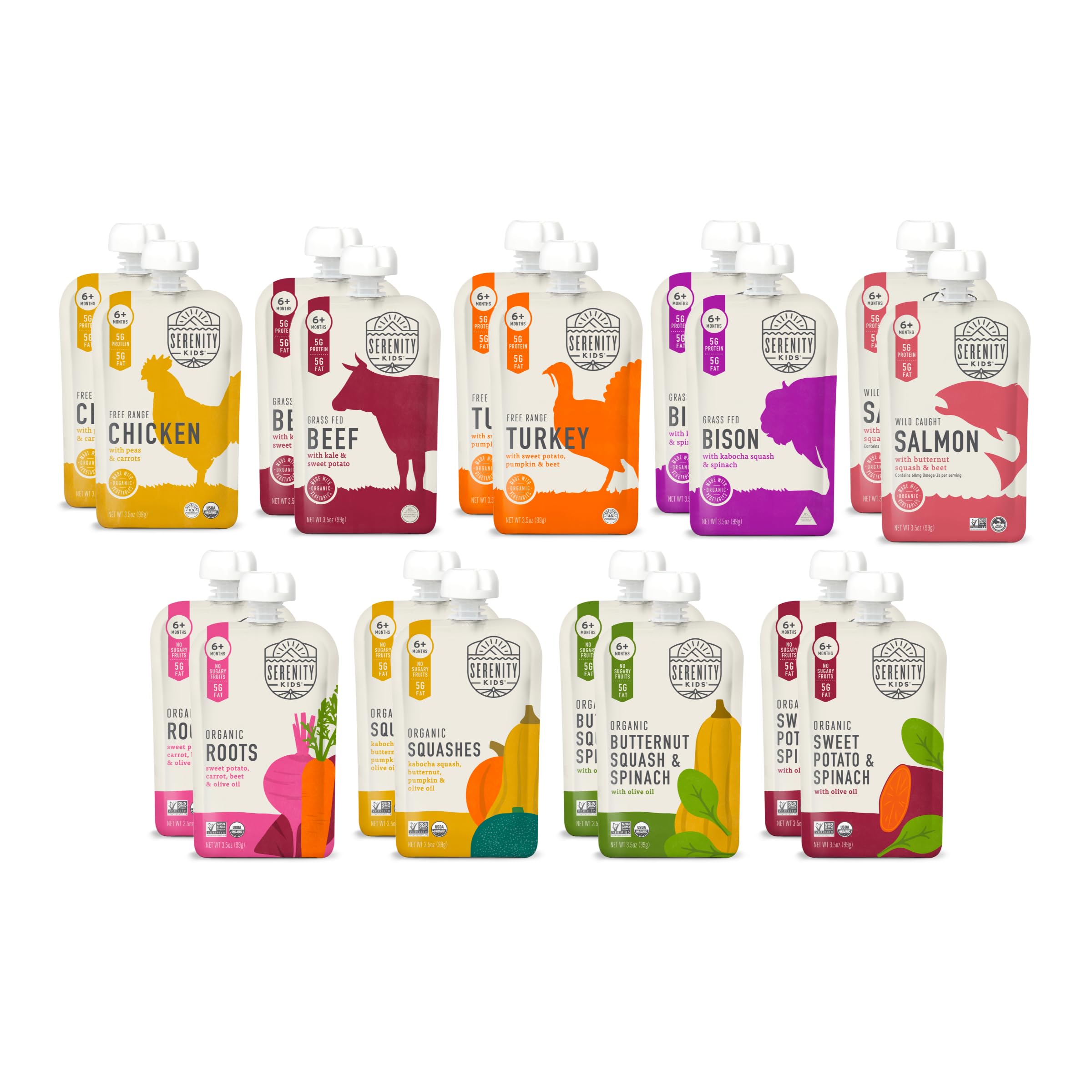 Serenity Kids 6+ Months Meats + Veggies Mixed Baby Food Puree Pouch Variety Pack 18 Count- No Sugary Fruits or Added Sugar - 3.5 Oz BPA & Allergen Free Pouch- Baby Puree Variety Pack