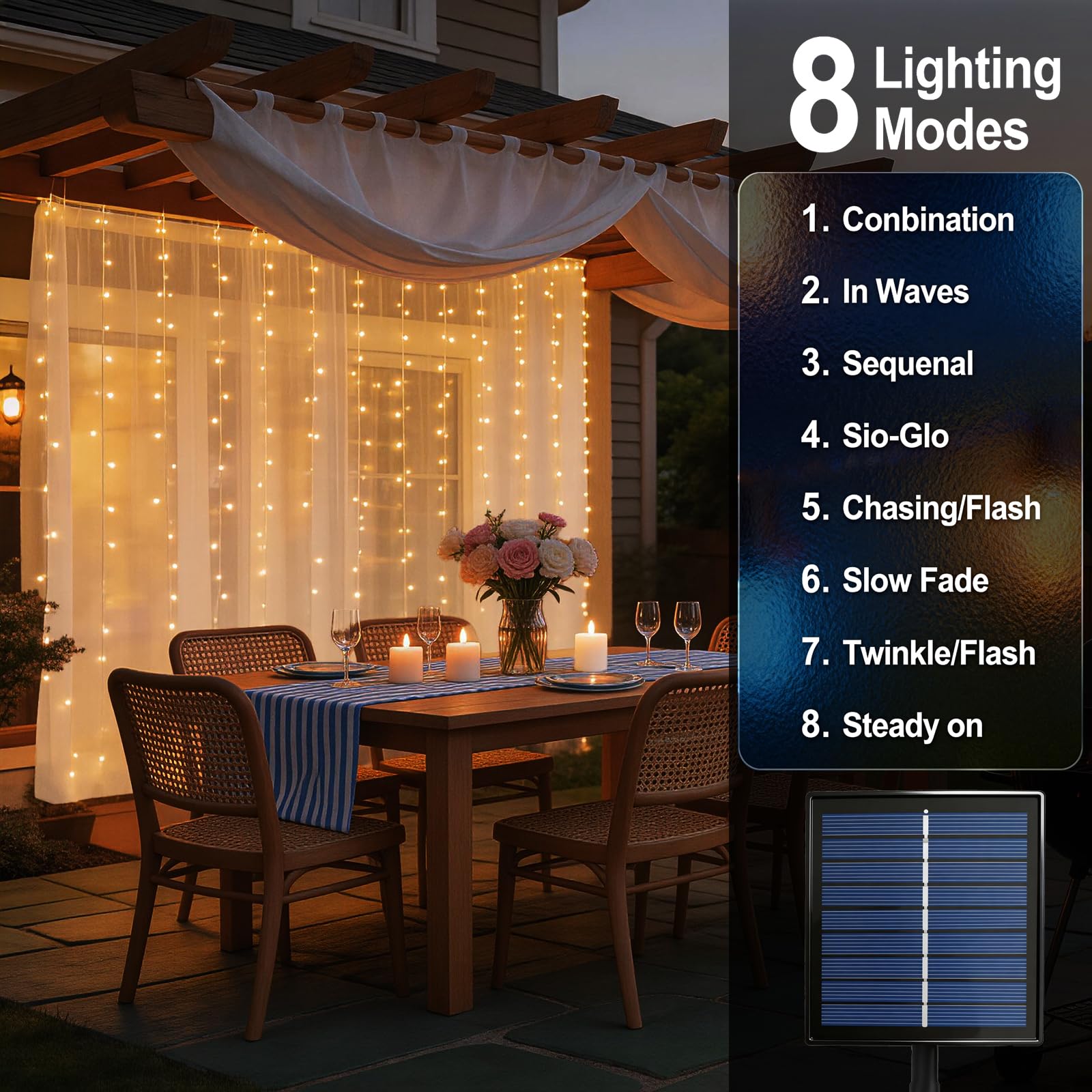 Solar-Vorhang-Lichterkette für den Außenbereich, 6 x 3 m, insgesamt 480 LEDs, solarbetrieben, wasserdicht, für Garten, Party, Hochzeit, Dekoration, 2 Stück