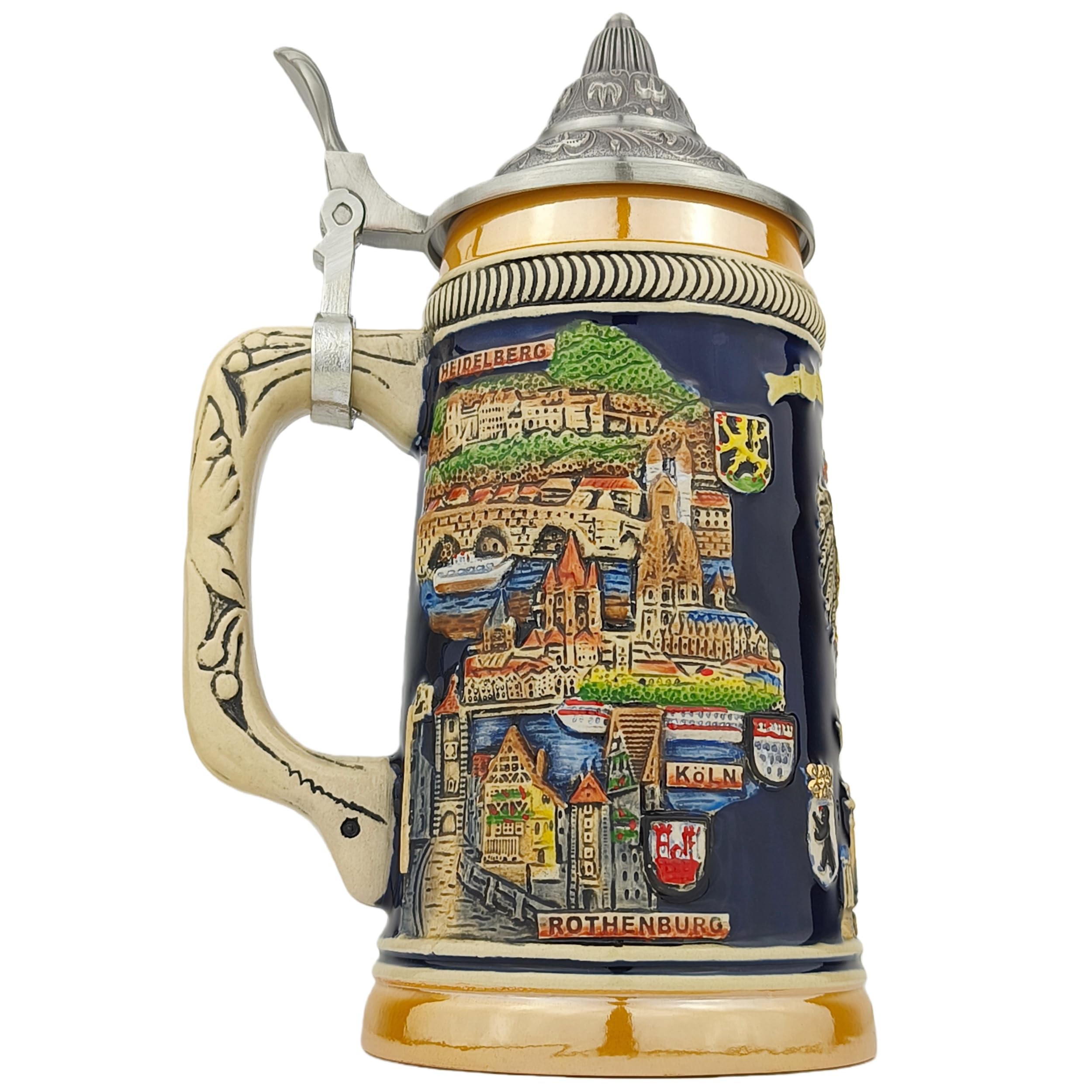 EVERSYTLE Boccale da birra con coperchio, 0,7 l, tradizionale brocca in pietra con coperchio a punta, motivo Germania, boccale da birra per casa, decorazione e collezione, regalo per uomini, papà e