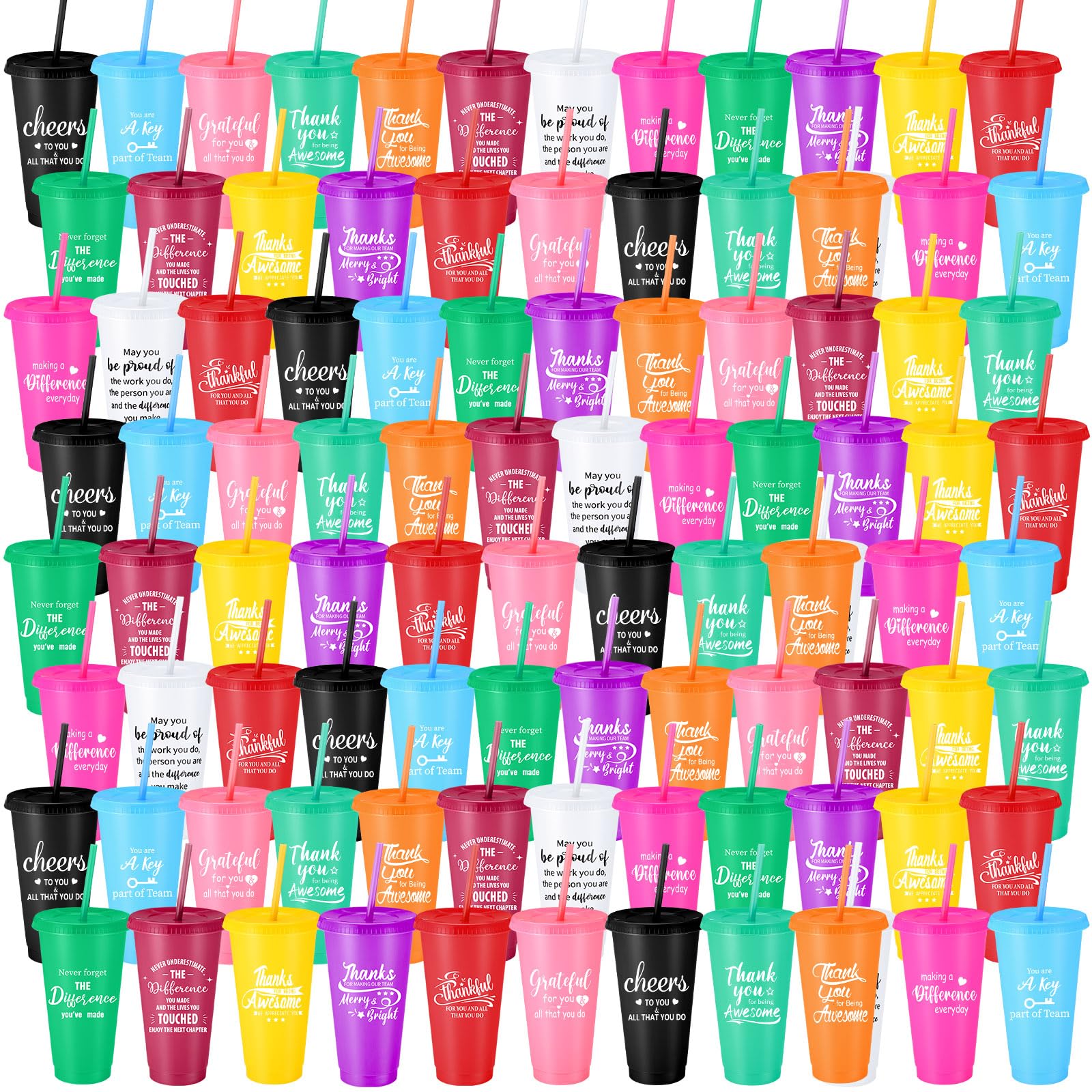 Skylety 96 Pcs Thank You Gift Bulk for Employee 24 oz Plastic Tumbler Cup with Lid and Straw Inspirational Appreciation Gift for Teacher Coworker Staff Volunteer Team (Cute Color)