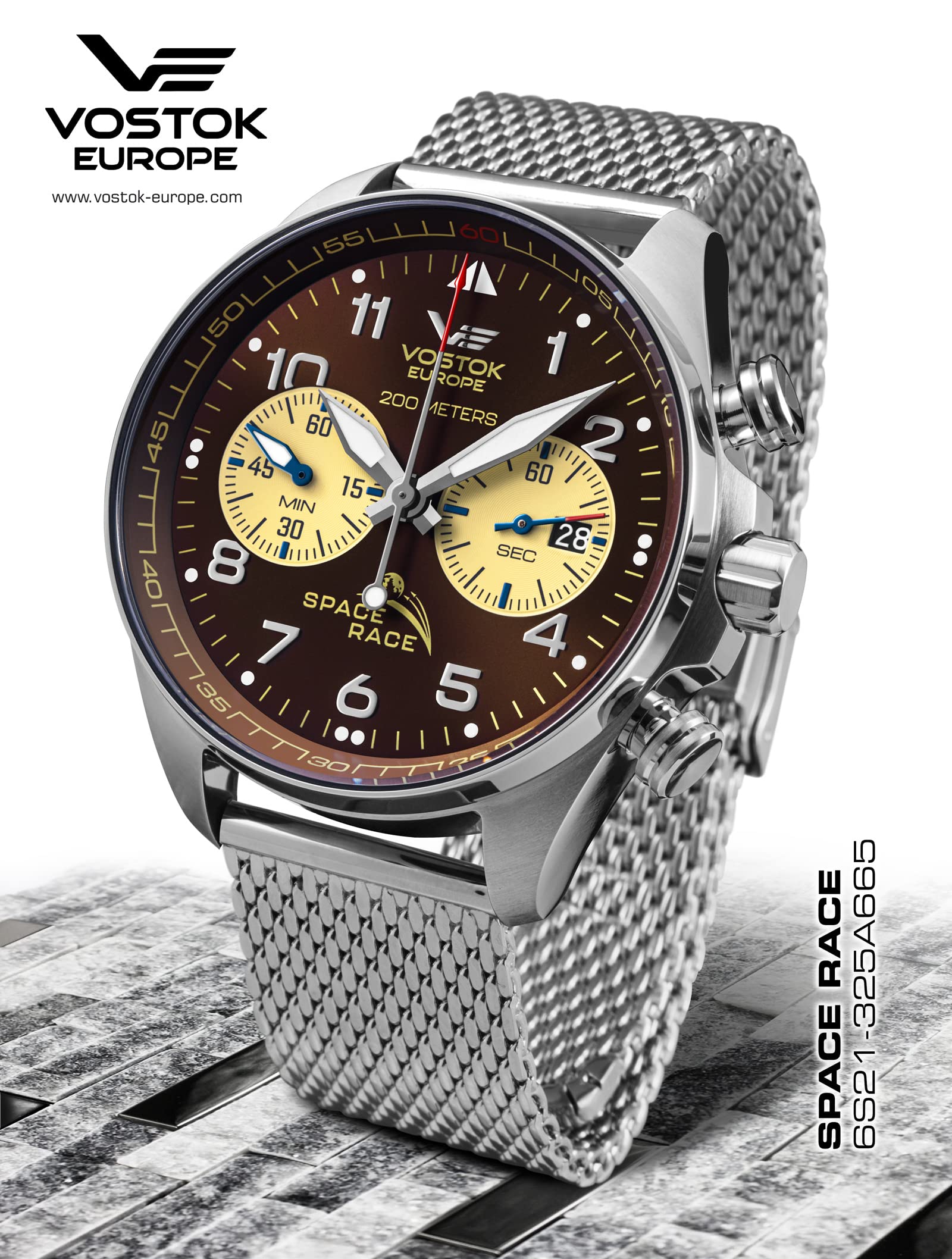 Vostok Europe Space Race - Reloj cronógrafo para hombre con correa milanesa (fecha 20 ATM), Plateado y marrón, Pulsera