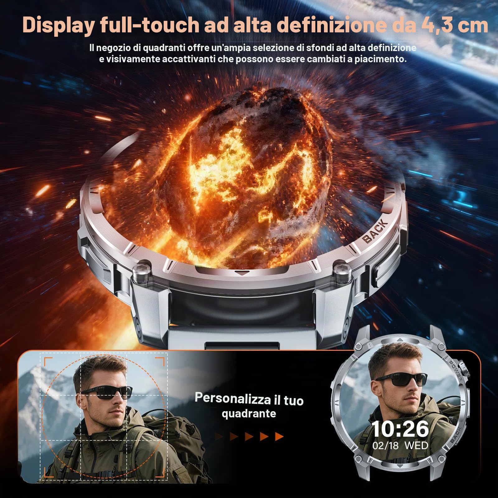 Smartwatch Uomo, 1,7'' Militari Orologio smart watch uomo Torcia 100 Giorno Standby Chiamate Bluetooth 120+ Modalità Sportive SpO2 Cardiofrequenzimetro Sonno IP68 Android iOS (Acciaio Argento)