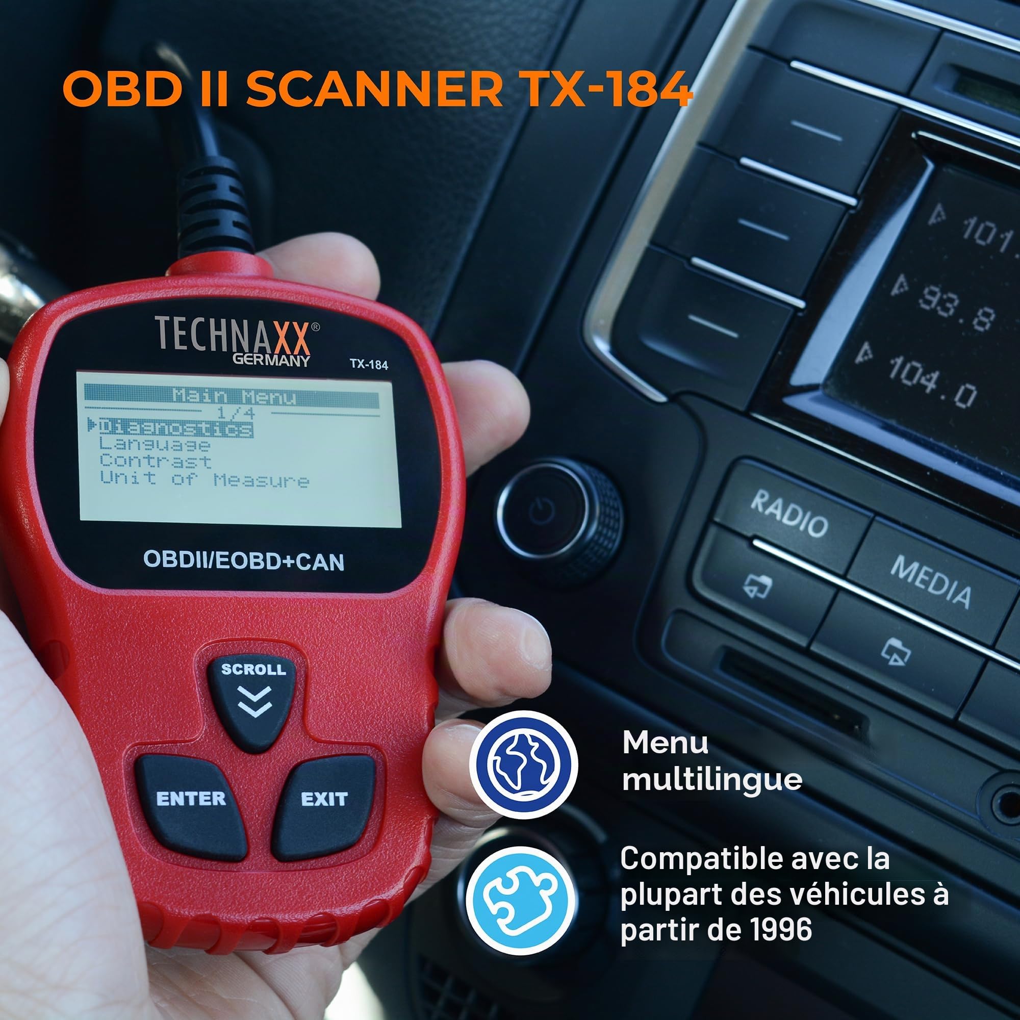Technaxx Lecteur de Code OBD II TX-184 - Outil de Diagnostic Automobile Multilingue avec Récupération VIN/CIN/CVN, Lecture & Effacement des Codes d'Erreur, Compatibilité Véhicules 1996+