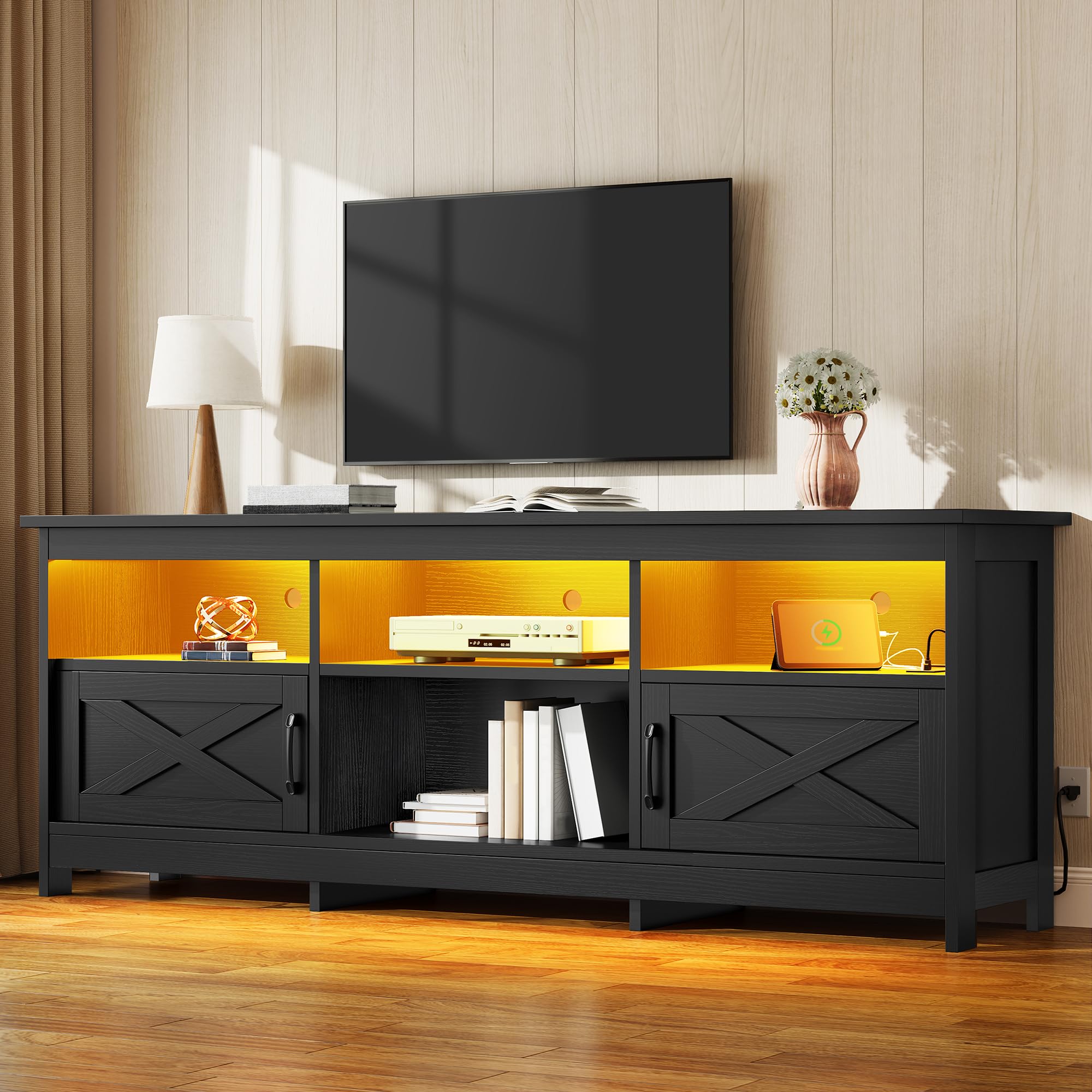 Photo 1 of **Stock Pic for Refence**  YITAHOME TV Stand for 80/75/70 Inch TVs, Farmhouse Entertainment Center with LED Lights & Storage Cabinets, Open Shelves & Adjustable Shelf, TV Consoles for Living Room, Washed Gray