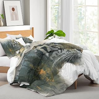 Påslakan utan överdrag 155 x 220 grön tiger motiv djungelblad året runt-filt, quiltade täcken för 4 årstider, maskintvättbar, lätt och ventilerande täcke, abstrakta djur
