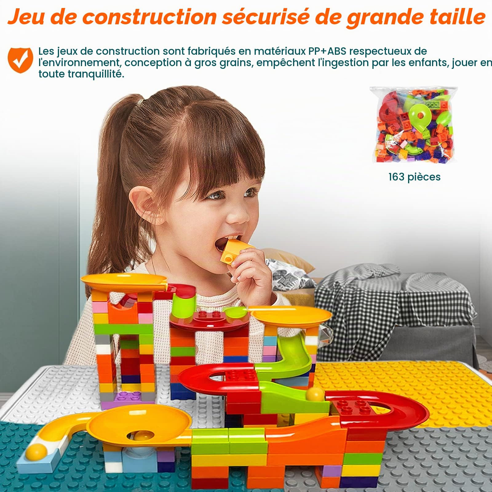 Aufun Ensemble Table et chaises réglables en Hauteur pour Enfants 6 en 1 Table de Jeu Blocs de Construction,Grand Ensemble Blocs de Construction multifonctionnels avec 163 Blocs de pièces,2 chaises