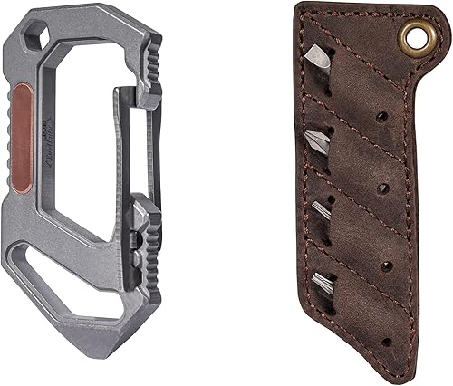 KeyUnity KU03 Titanium EDC 6 en 1 multiherramienta mosquetón de liberación rápida y KA06 funda de cuero organizador de puntas de tornillo