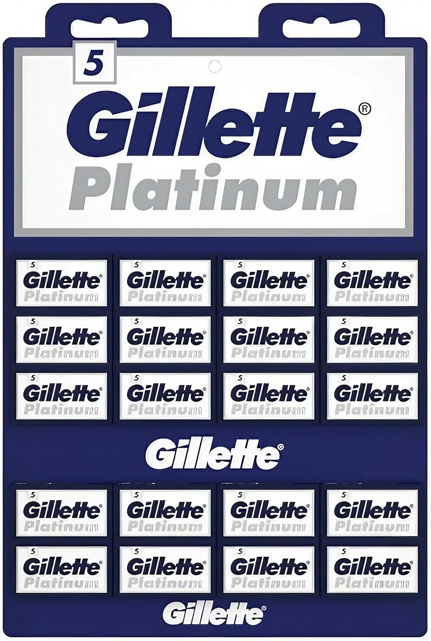 Gillette, 100 Gillette Platinum Double Edge Safety Razor Blades on a display card, 20 dispnesers of 5 Blades