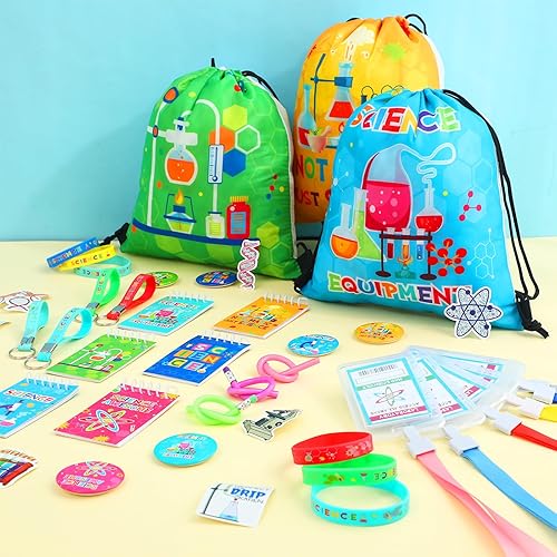 Miniatura 5 de Zhanmai 140 recuerdos de fiesta de ciencia incluyen 12 llavero, 18 mini cuadernos, 50 calcomanías de ciencia, 12 pulseras, 12 insignias de nombre de