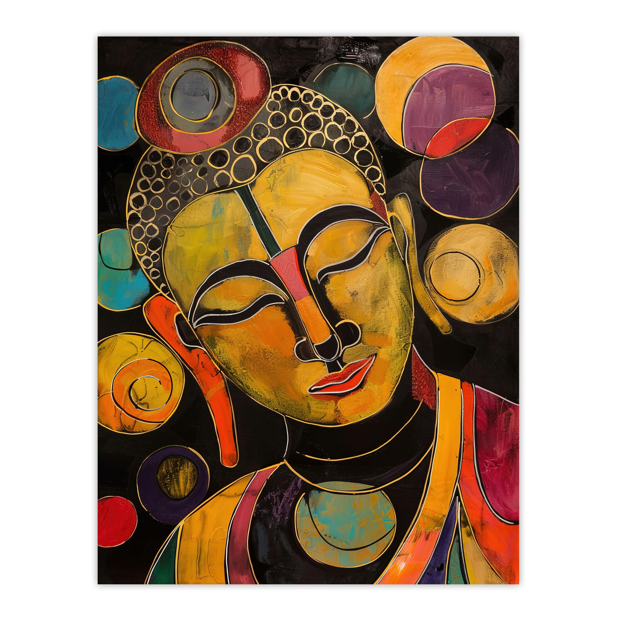 Buddha Statue Meditating Head Colourful Painting Wall Art Print - Artery8 - Mustard - W24 inch x H32 inch