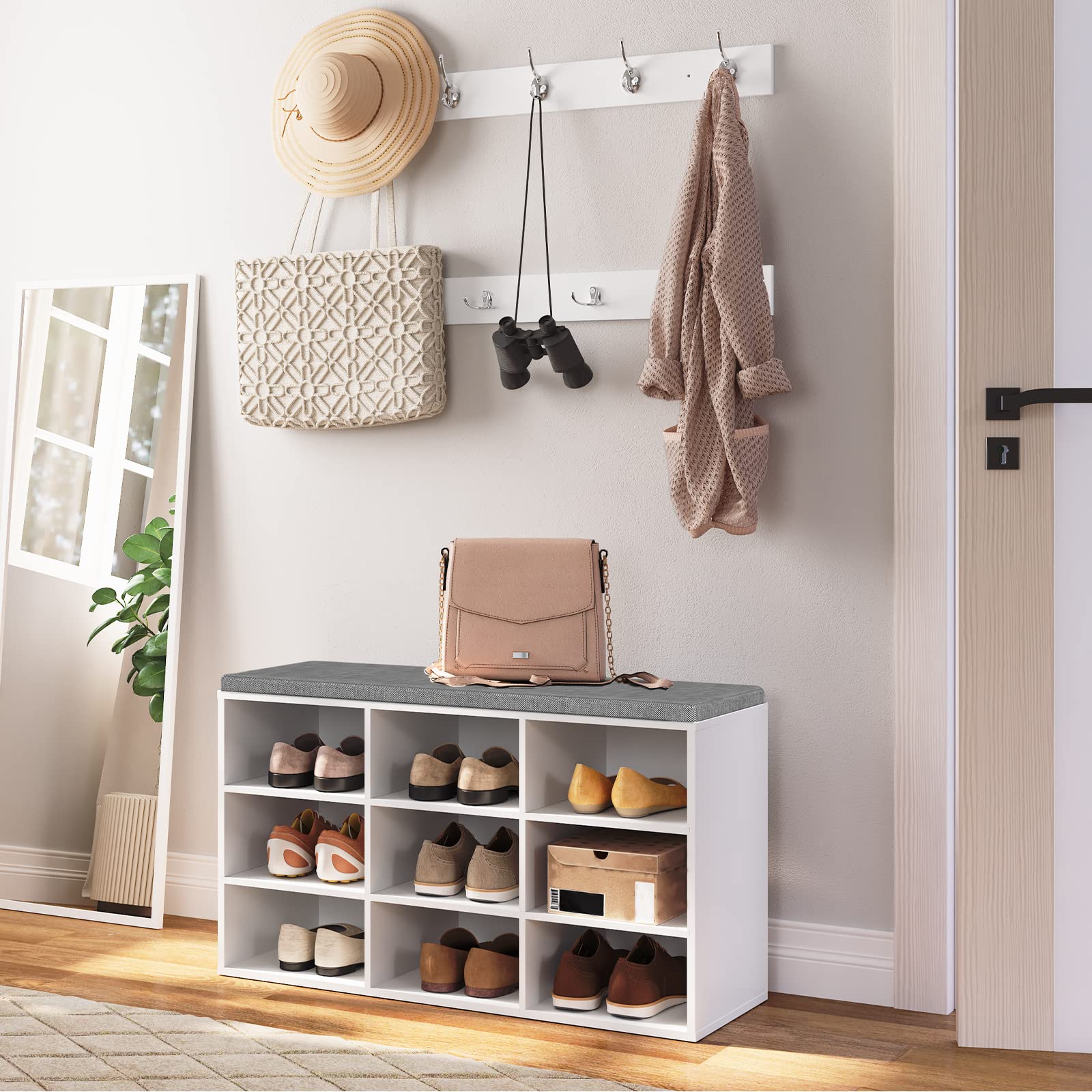HOOBRO Garderobe Schuhregal Set, Schuhbank mit 9 F Cher, Schuhregal mit gepolsterter Sitzbank, Wandgarderobe mit 9 Haken, Schuhschrank f r Flur, Eingangsbereich, Schlafzimmer wei EWT89HX01