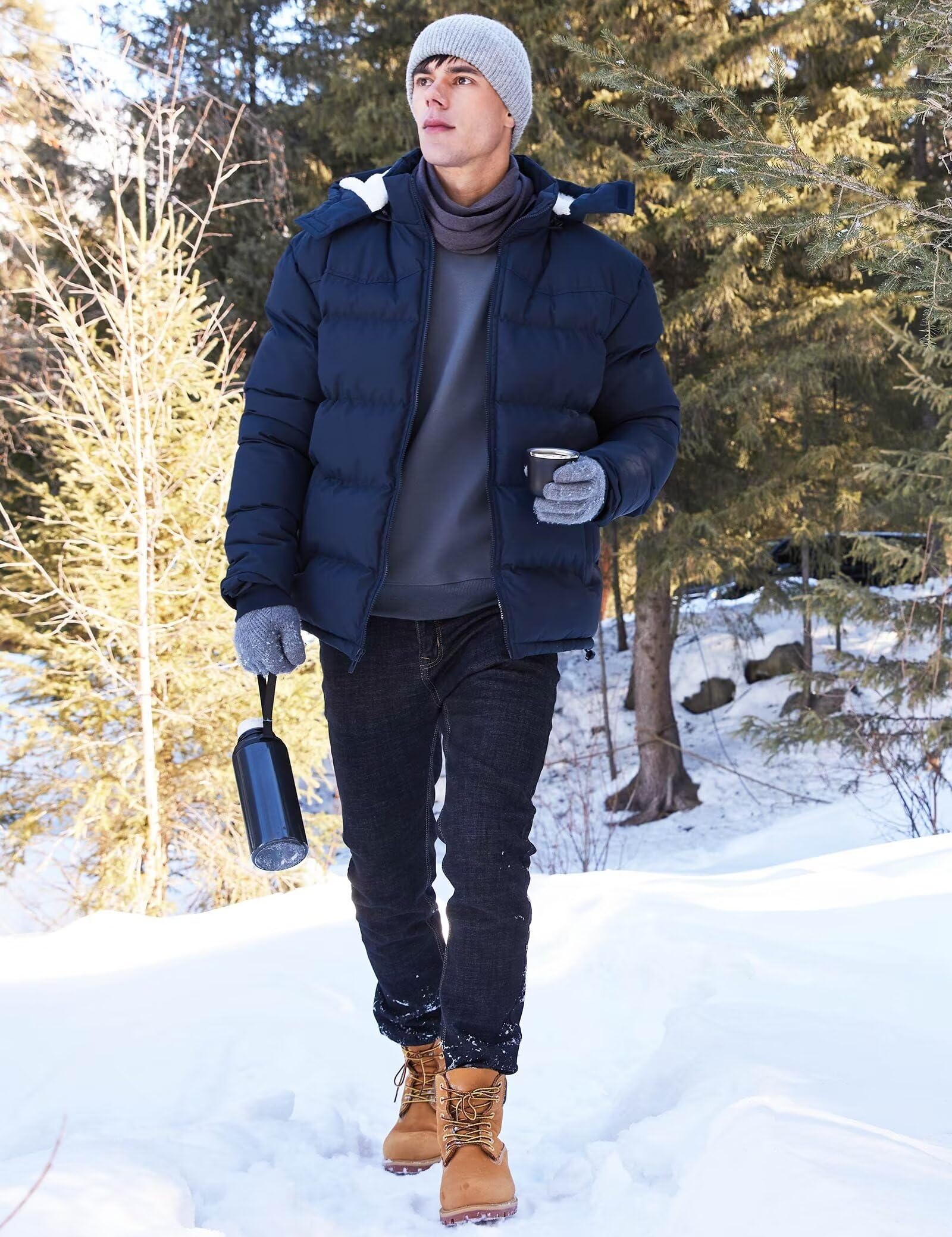 BEST SOUTH Chaqueta acolchada de invierno con capucha para hombre, de forro polar, cálido, con burbujas, ropa exterior para clima frío