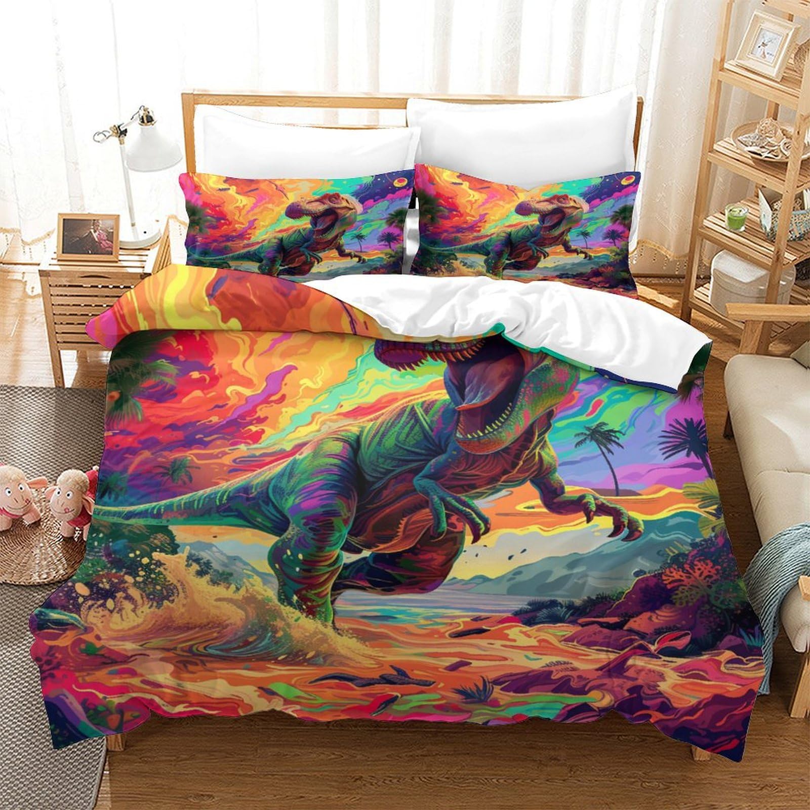 Parure de lit dinosaure Super King 260x220 avec housse couette fermeture éclair