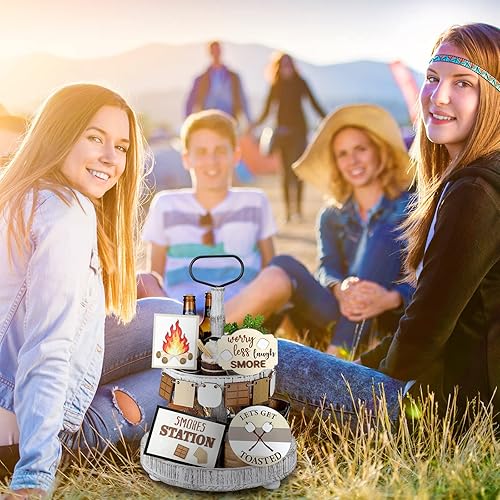 Miniatura 4 de Bucherry Juego de 10 piezas de decoración de bandejas escalonadas para campamento, granja, madera, letrero de madera, decoración de fiesta, centro