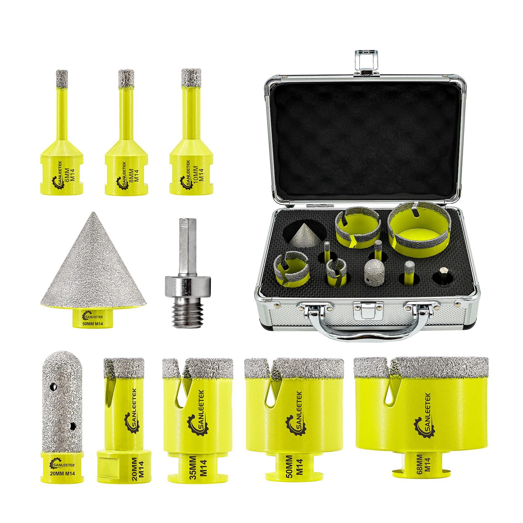 Diamond Core Drill Bits Set - SANLEETEK 10pcs Hole Saw Kit (6/8/10/20/35/50/68mm+20mm Finger Bit+50mm Beveling Chamfer Bit+Hex Adapter) for Tile Porcelain Ceramic Marble Granite with M14 Thread