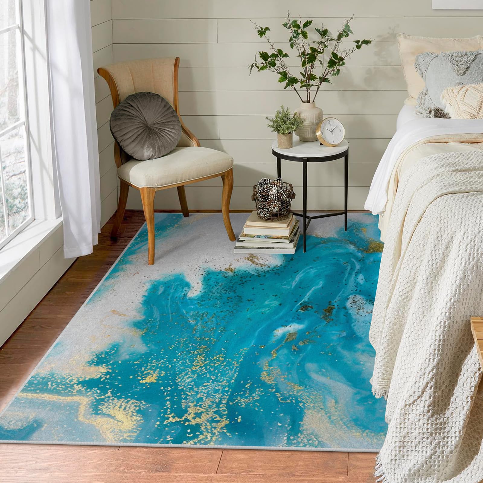 Tapis Marbre Turquoise Lavable en Machine Tapis Salon 140x140 Poil Court, Bleu Canard Tapis Descente de Lit Chambre Doux Tapis Sol Absorbant, Moquette Decoration Chambre Ado Adulte