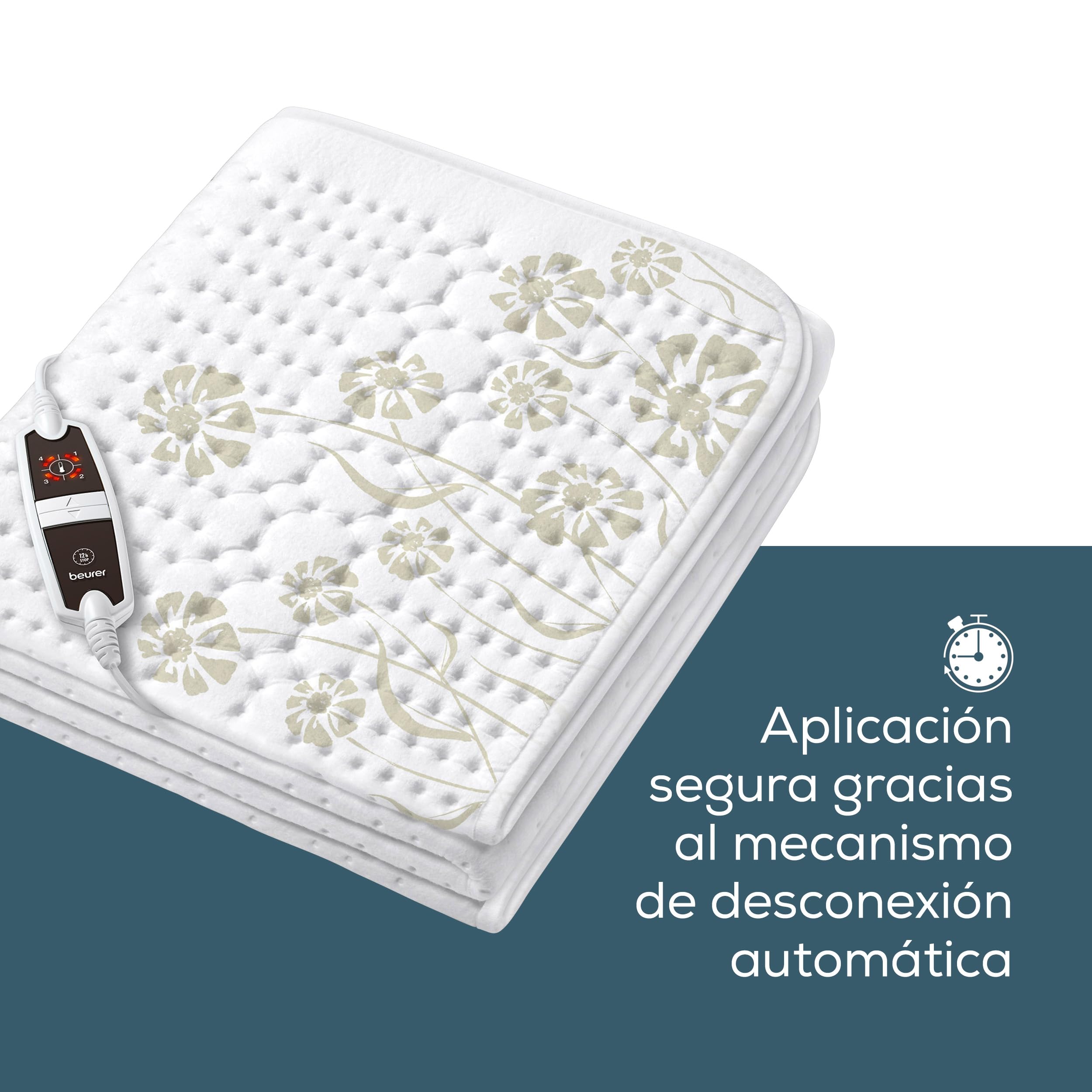 Beurer Cama térmica UB 60, acogedora almohadilla térmica con 4 niveles de temperatura y calentamiento rápido, lavable a máquina, blanca