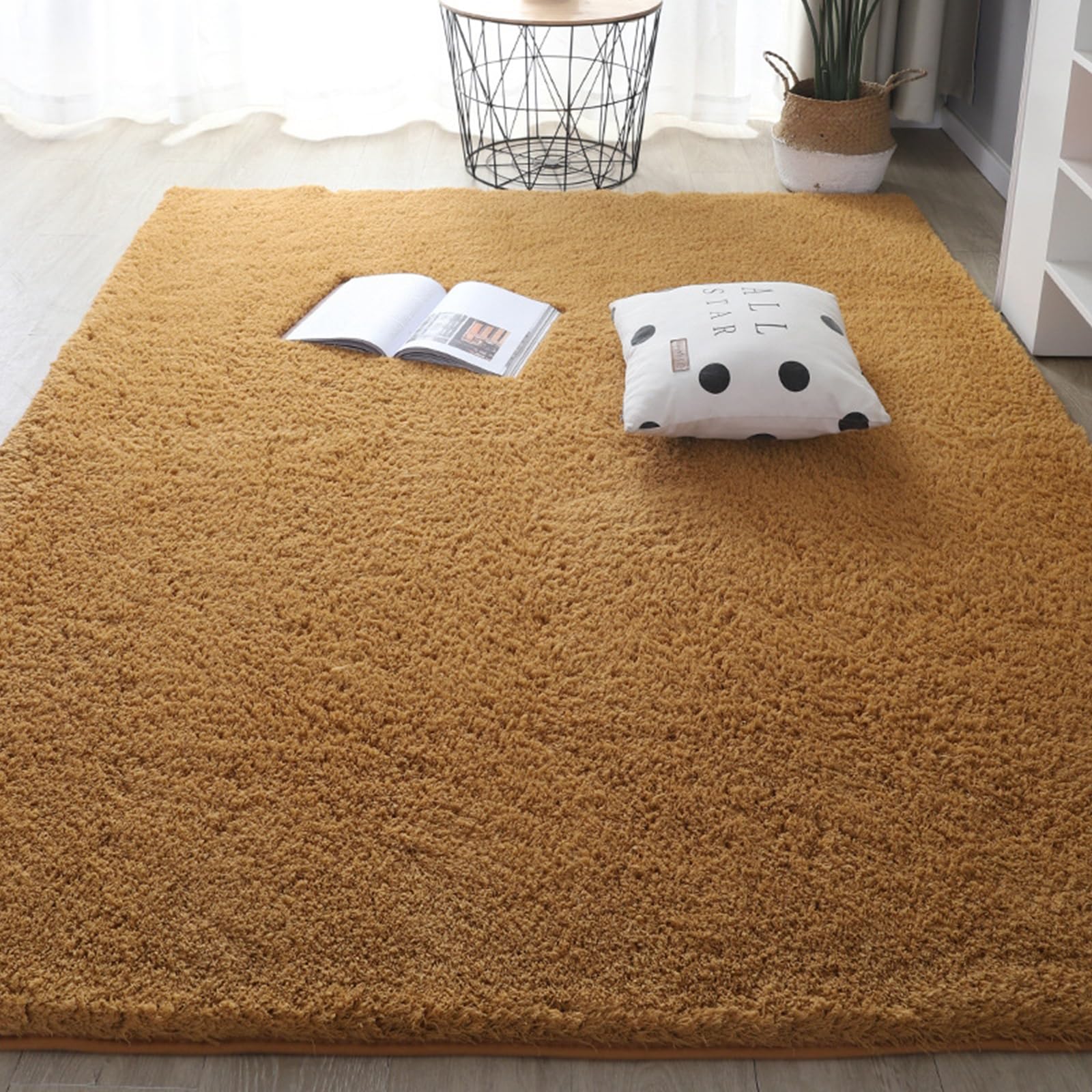 Tapis moderne à poils longs lavable extra large kaki pour chambre et salon