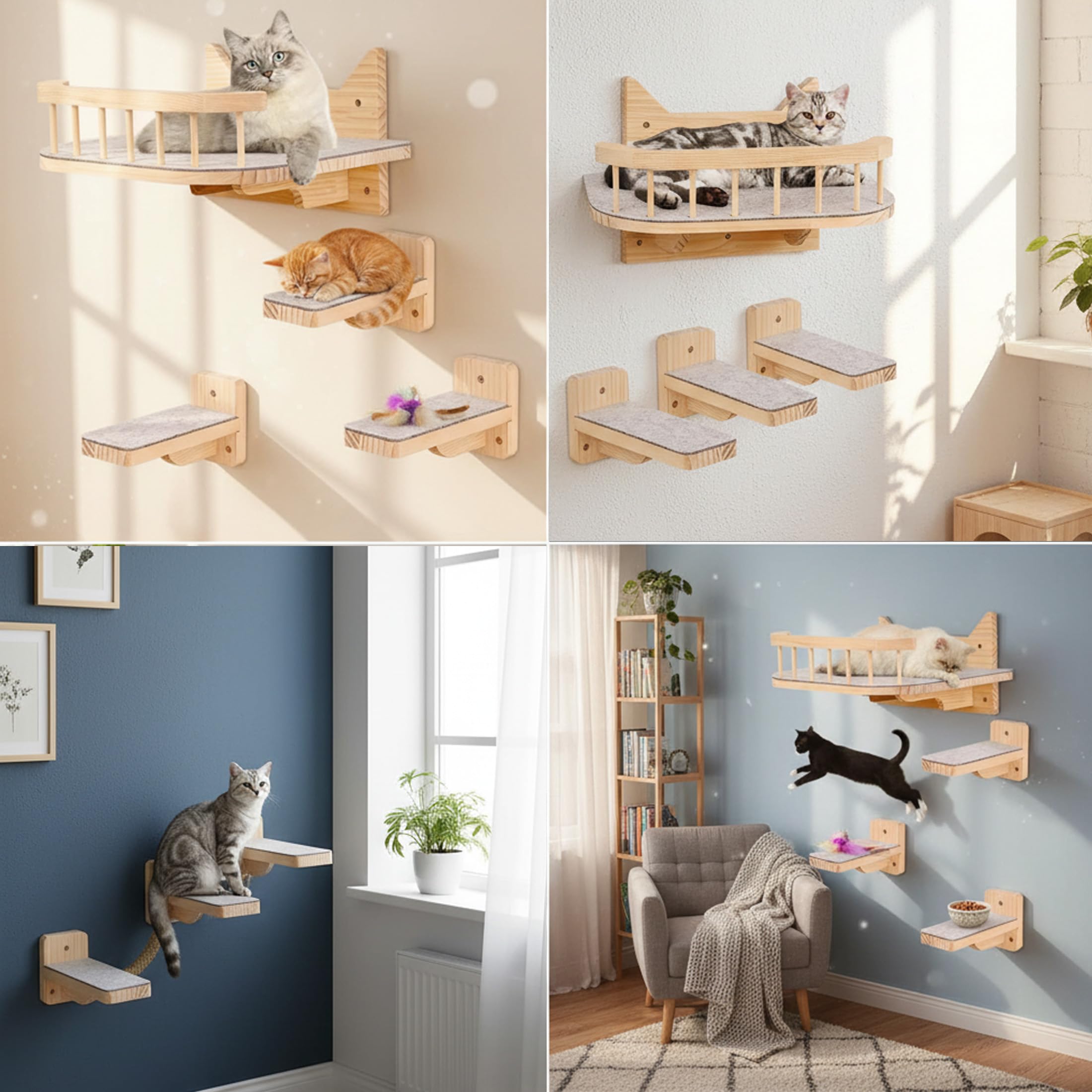 Mensole da Parete per Gatti Con 3 Gradini, Percorso Gatti Muro Arrampicata, Scalini Percorsi per Gatto Scala Scaletta da Parete in Legno Interno per Dormire, Giocare, Saltare e Riposare