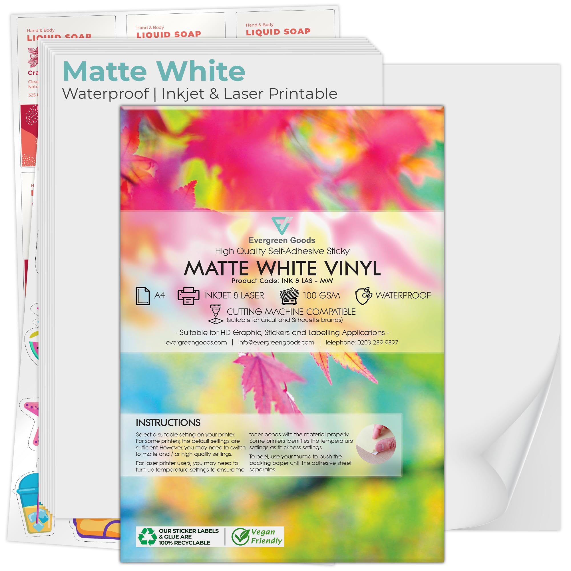 Evg White Evergreen Goods 100 Sheets A4 Water Resistant Vinyl Sticker Paper, Self-Adhesive Matte Pvc Sticker Sheets, 200 Gsm, Inkjet & Laser Printable, Perfect For Custom Labels & High-Resolution Stickers