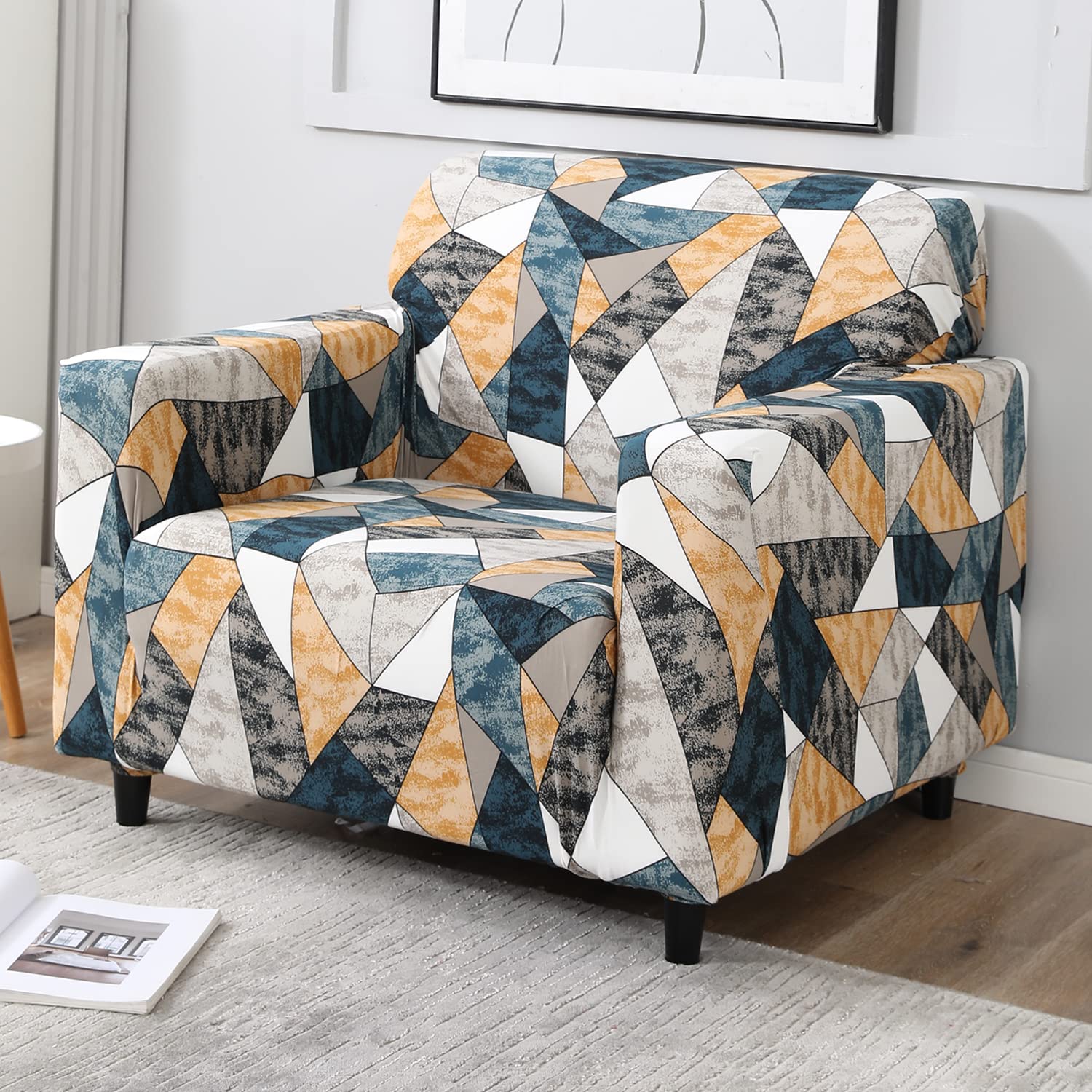 HOKIPO Sofa Cover 1 Seater Fully Covered, Multicolor Geometric Print