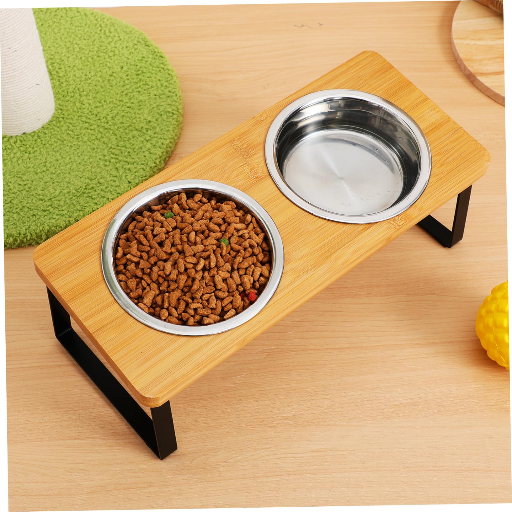 Ciotola per Gatti Rialzata in Acciaio Inox con Doppie Ciotole | Gatto e Piccolo Cane, Uso Interno, Design Elegante, Struttura in Legno e Acciaio Inossidabile