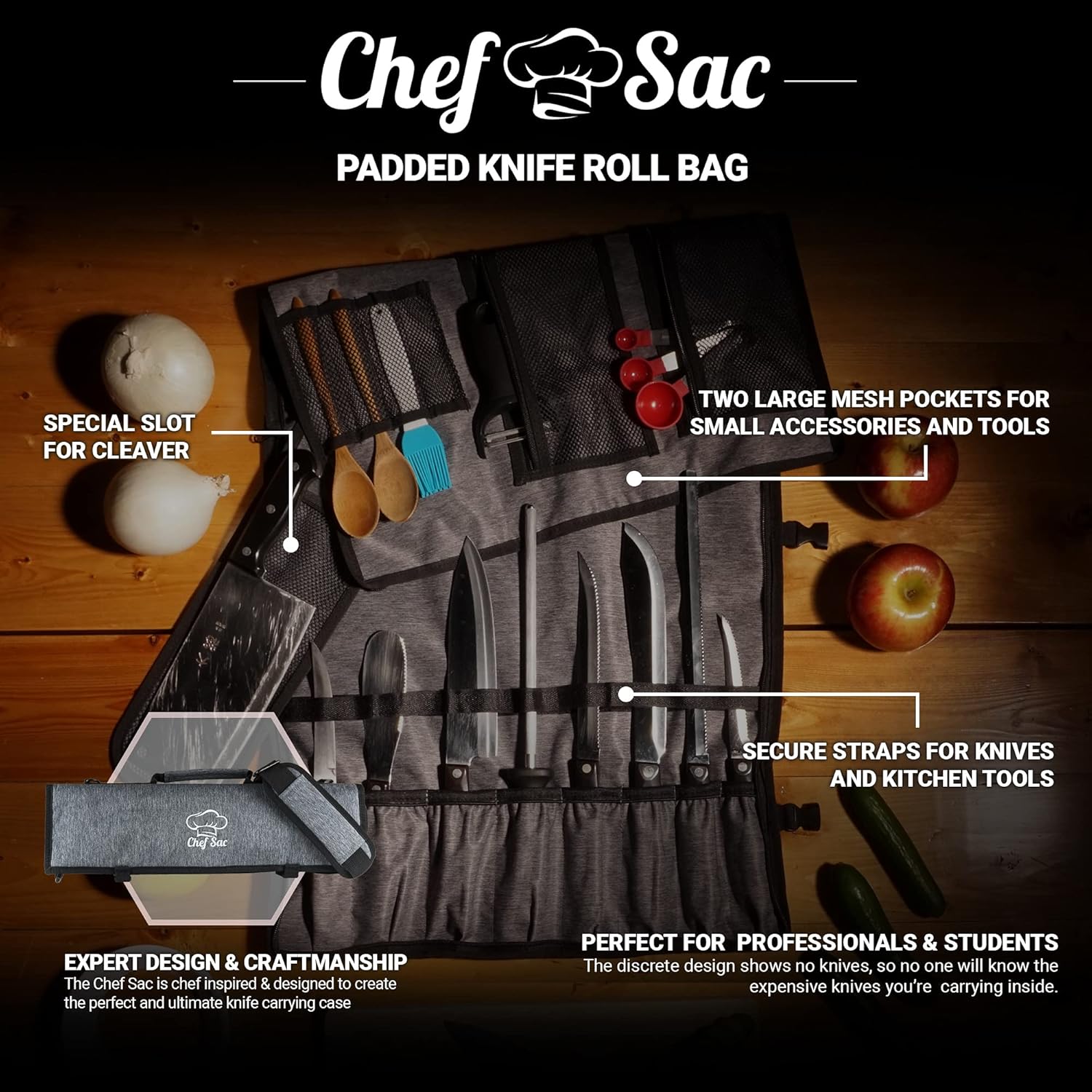 Best Cyber Deals 🔥 Chef Knife Bag Knife Roll Bag | 9 Slots for Knives Cleaver & Kitchen Utensils | 2 Large Zip Pockets | Padded Shoulder Sling Strap | Best Gift for Professional Chefs & Culinary Students (Grey)