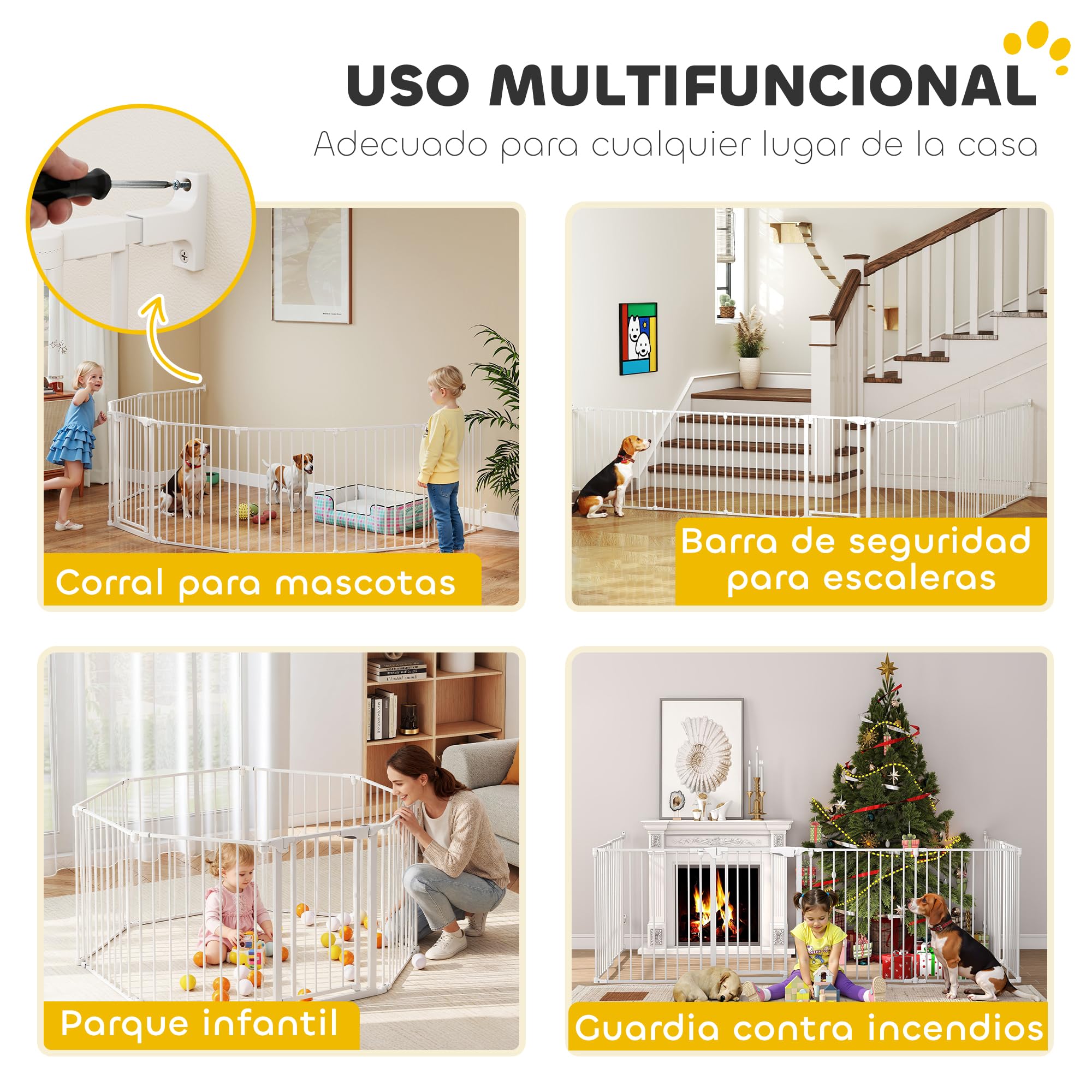 PawHut Barrera para Perros Plegable, 488x75 cm, Valla para Mascotas de 8 Paneles, Puerta con Cierre Doble, Barrera de Seguridad para Niños, Perros Pequeños y Medianos, para Escalera, Pasillo, Blanco