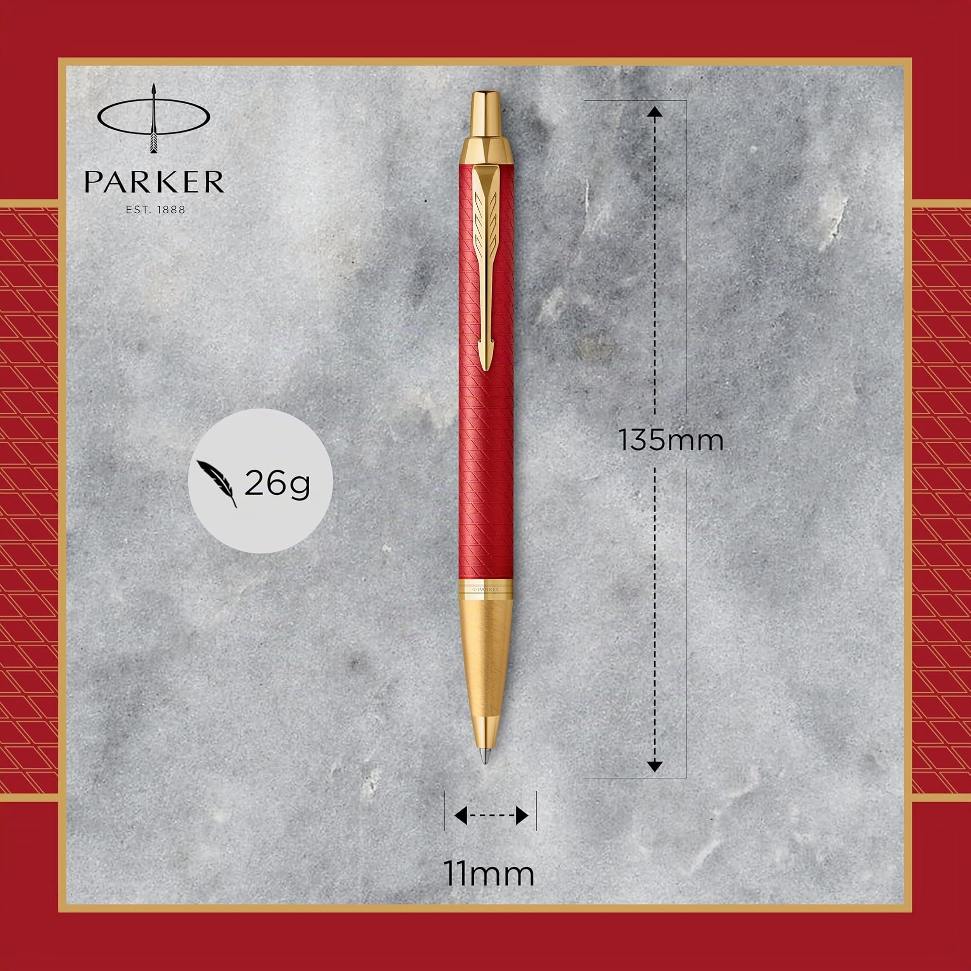 Parker IM stylo bille - Laqué rouge Premium avec attributs dorés - Pointe moyenne avec recharge d’encre bleue - Coffret cadeau
