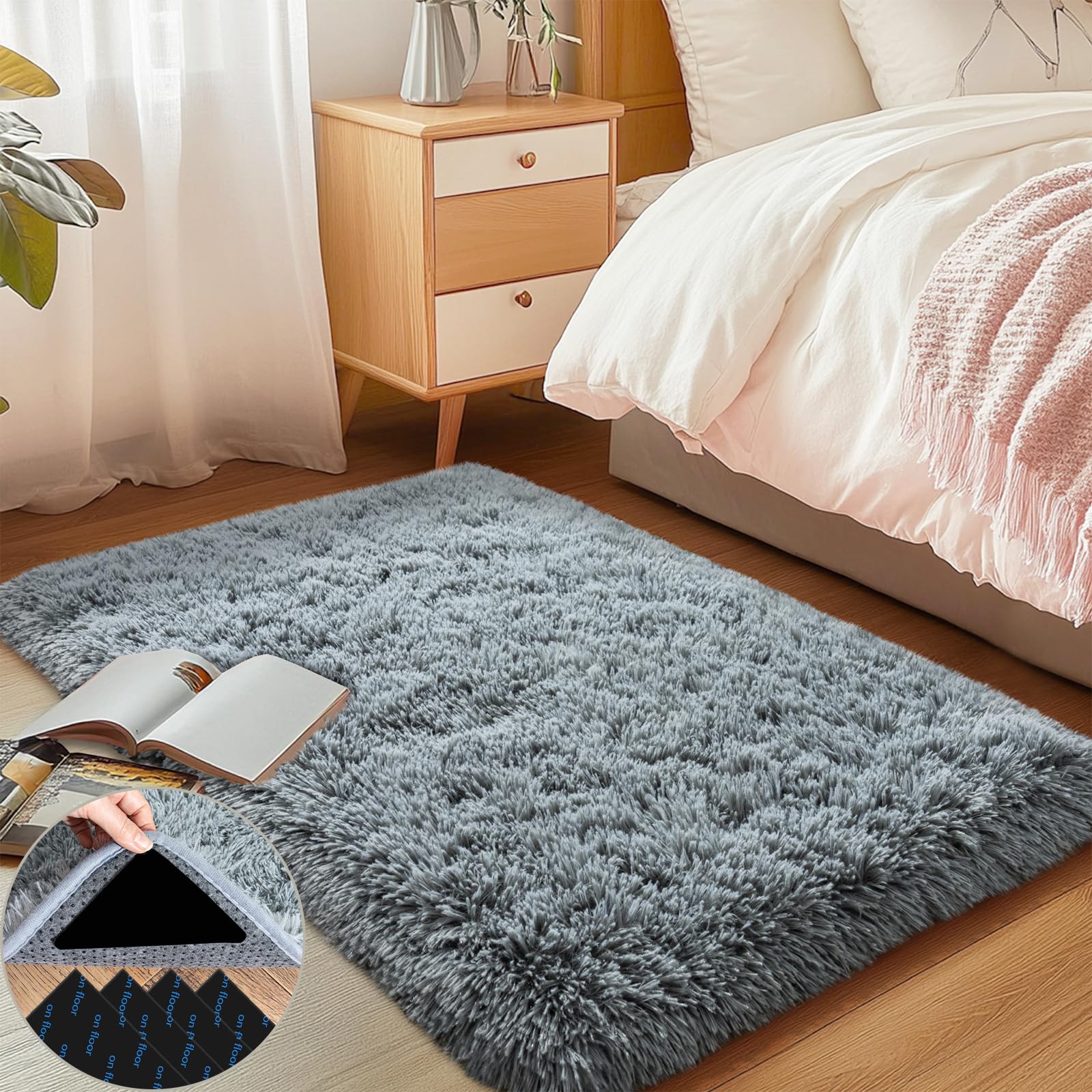 AAFKK 2x3 Area Rug for Bedroom, Small Grey Rugs for Living Room Nursery Kids Room Dorm Home Decor Aesthetic, Fluffy Shaggy Rug with 4 Anti-Slip Carpet