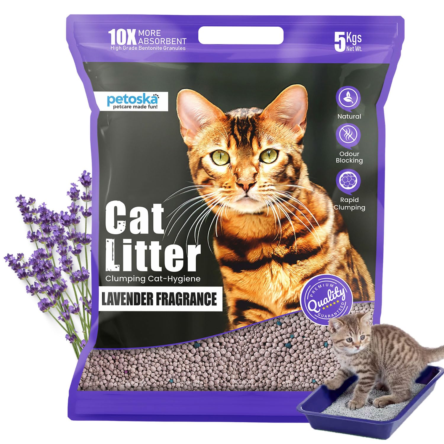 Petoska Cat Litter 5kg | 100% Natural Bentonite Clay | Rapid Clumping, Odour Lock, Low Dust, Gentle on Paws | Premium Absorbent Cat Litter for All Breeds