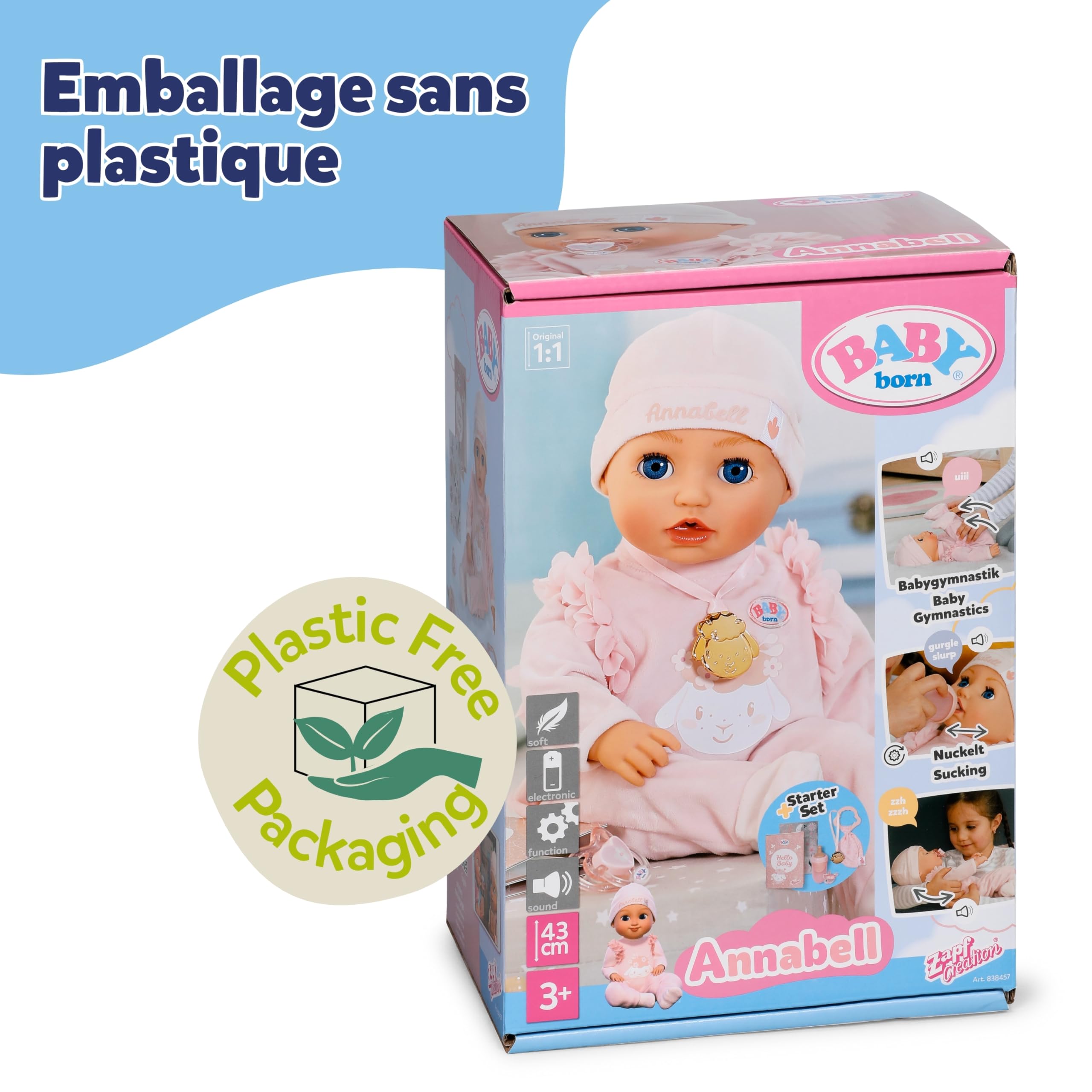 BABY born Annabell 43 cm, Poupon, Son, 7 Fonctions | Corps souple, accessoires inclus, piles requises, dès 3 ans
